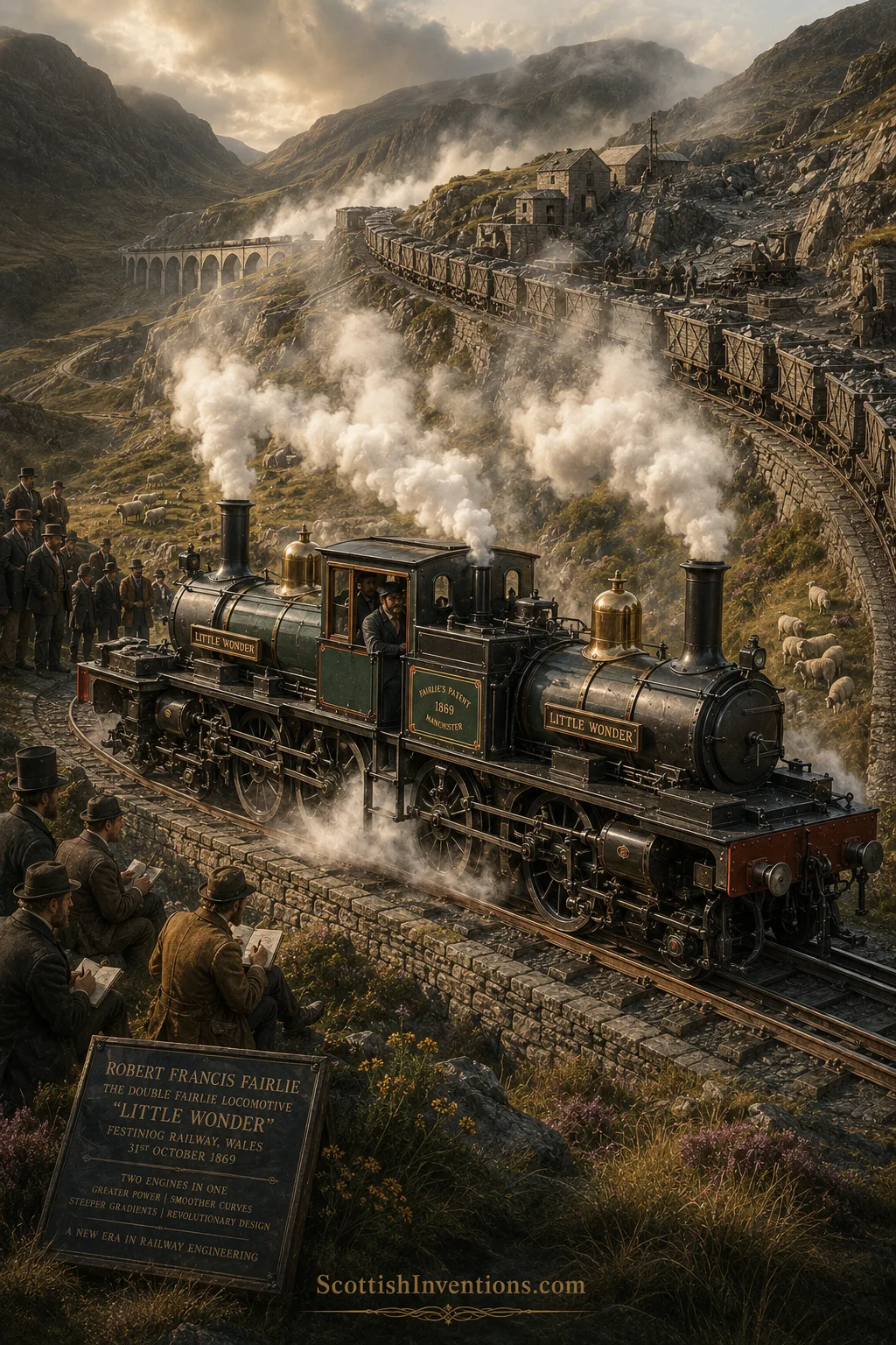 Robert Francis Fairlie — Little Wonder on the Ffestiniog Railway Robert Francis Fairlie's Double Fairlie locomotive Little Wonder climbing the mountainous Ffestiniog Railway in Wales.