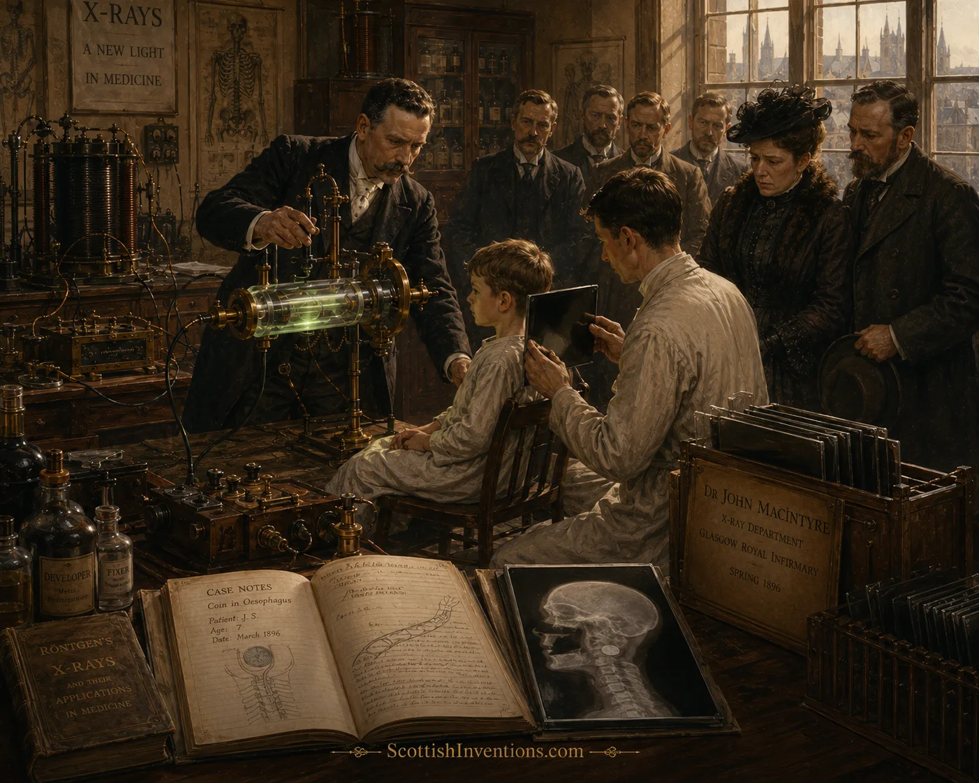 Early X-ray patients at Glasgow Royal Infirmary Dr John Macintyre demonstrating early hospital X-ray examinations at Glasgow Royal Infirmary in 1896