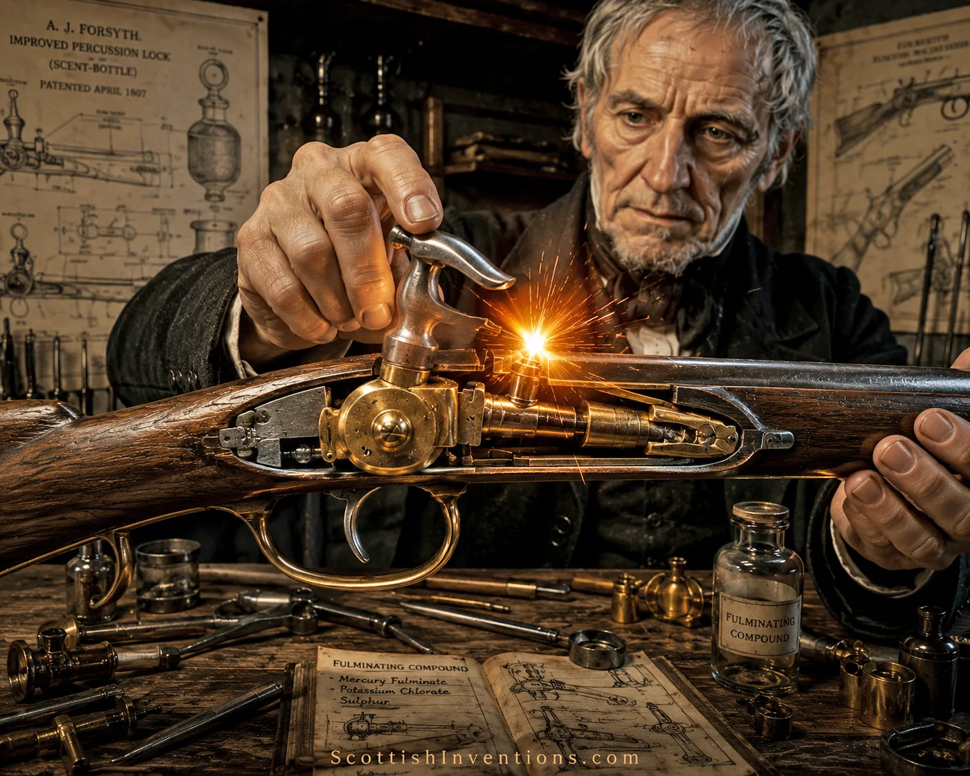 Cutaway view of Alexander John Forsyth's original percussion lock mechanism