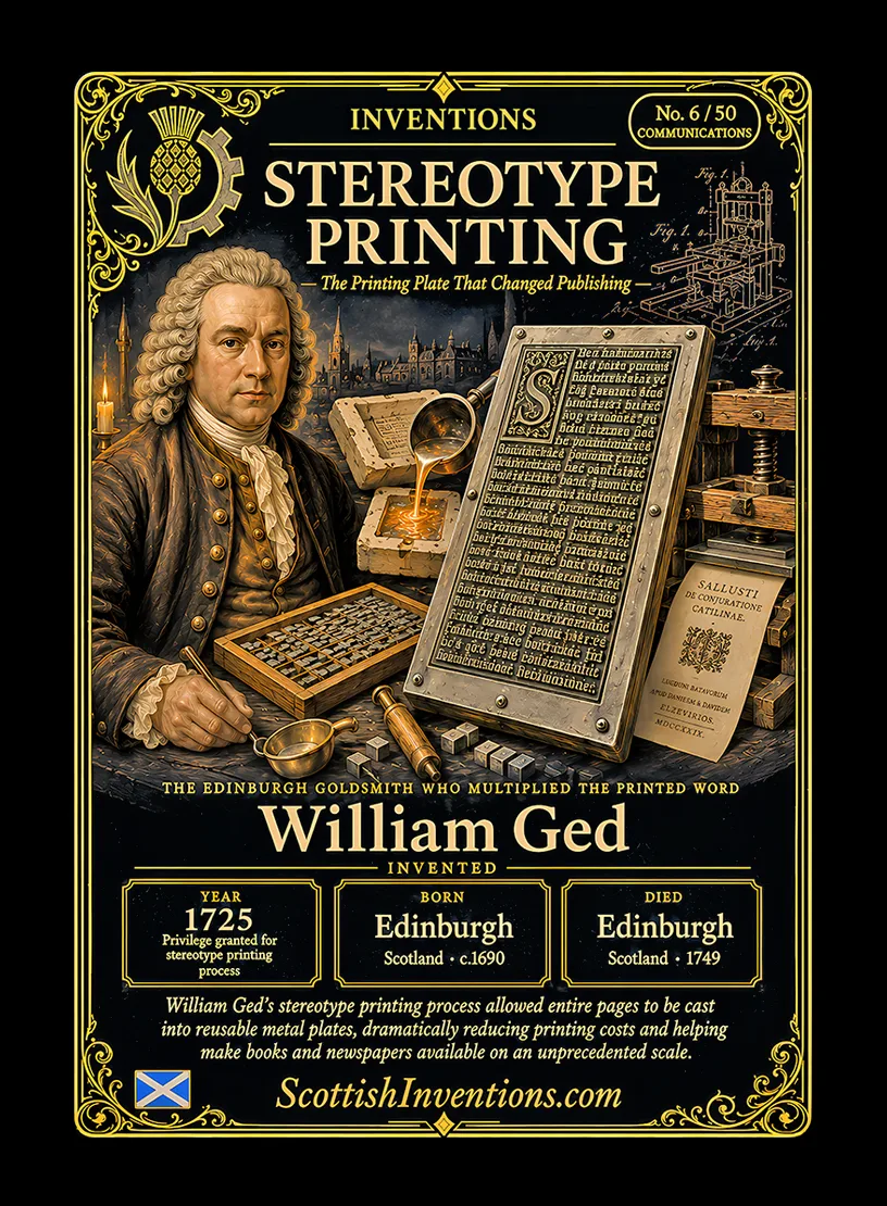 Stereotype Printing / Stereotype Printing Back — Scottish Inventions Collection Stereotype Printing collectible card — William Ged, born Edinburgh Scotland circa 1690, died Edinburgh Scotland 1749, inventor of the first practical stereotype printing process, creator of reusable cast printing plates, Scottish Inventions Collection No. 6 of 50.