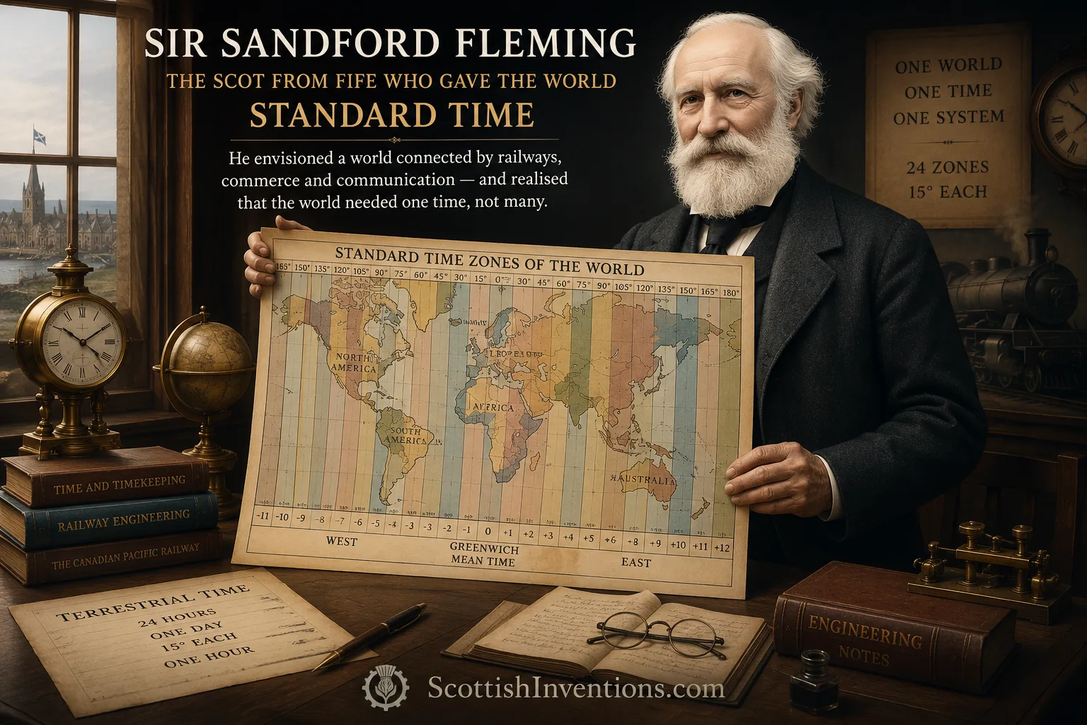 Sir Sandford Fleming, Scottish engineer and creator of the modern world time zone system.