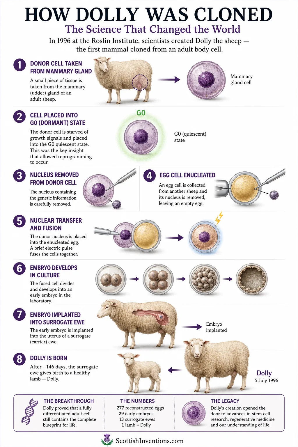 Educational diagram explaining the cloning process used to create Dolly the Sheep