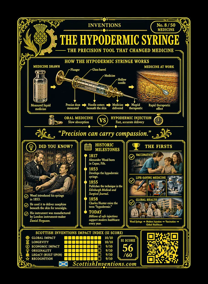 The Hypodermic Syringe / The Hypodermic Syringe Back back — Scottish Inventions Collection The Hypodermic Syringe card reverse — diagram comparing a bee's sting with a glass syringe and hollow needle, Alexander Wood timeline from 1817 to 1855, note on the three-way priority story with Charles-Gabriel Pravaz and Francis Rynd