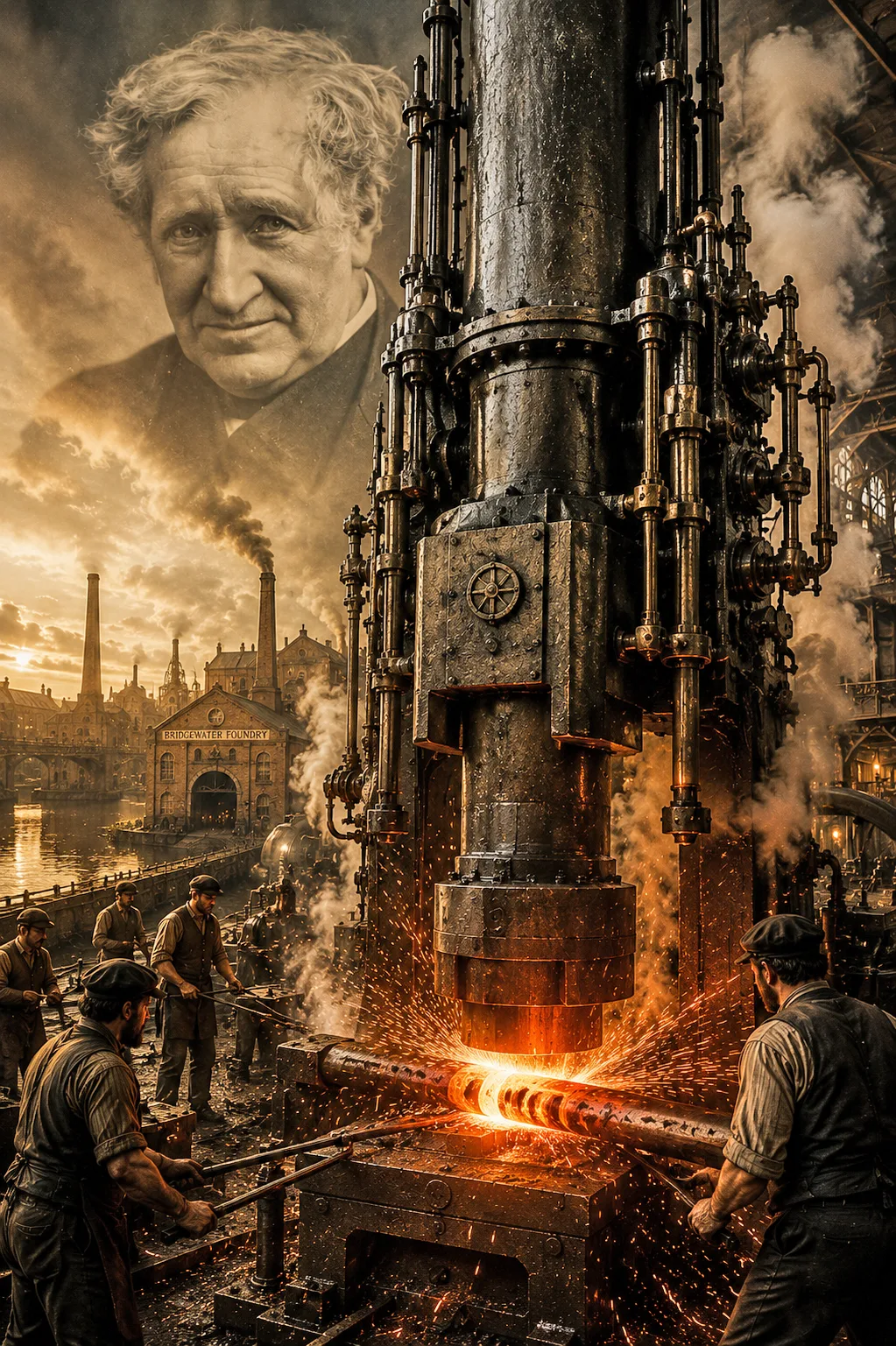 The steam hammer transforming Victorian industry with a portrait of James Nasmyth overlooking Bridgewater Foundry