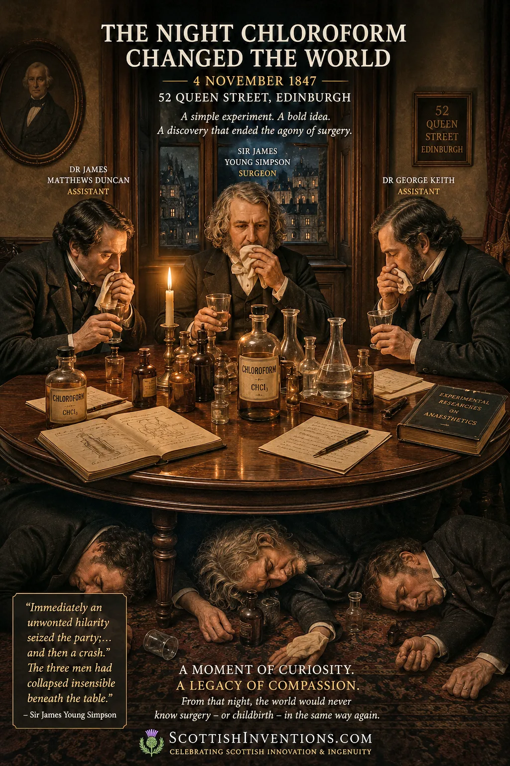 Sir James Young Simpson and colleagues discovering the anaesthetic power of chloroform on 4 November 1847