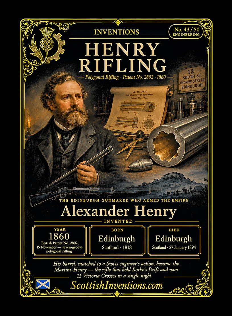 Henry Rifling / Henry Rifling Back — Scottish Inventions Collection Henry Rifling collectible card — Alexander Henry, born Edinburgh Scotland 1818, died Edinburgh Scotland 1894, inventor of seven-groove polygonal rifling patented in 1860, later adopted for the Martini-Henry rifle, Scottish Inventions Collection No. 43 of 50