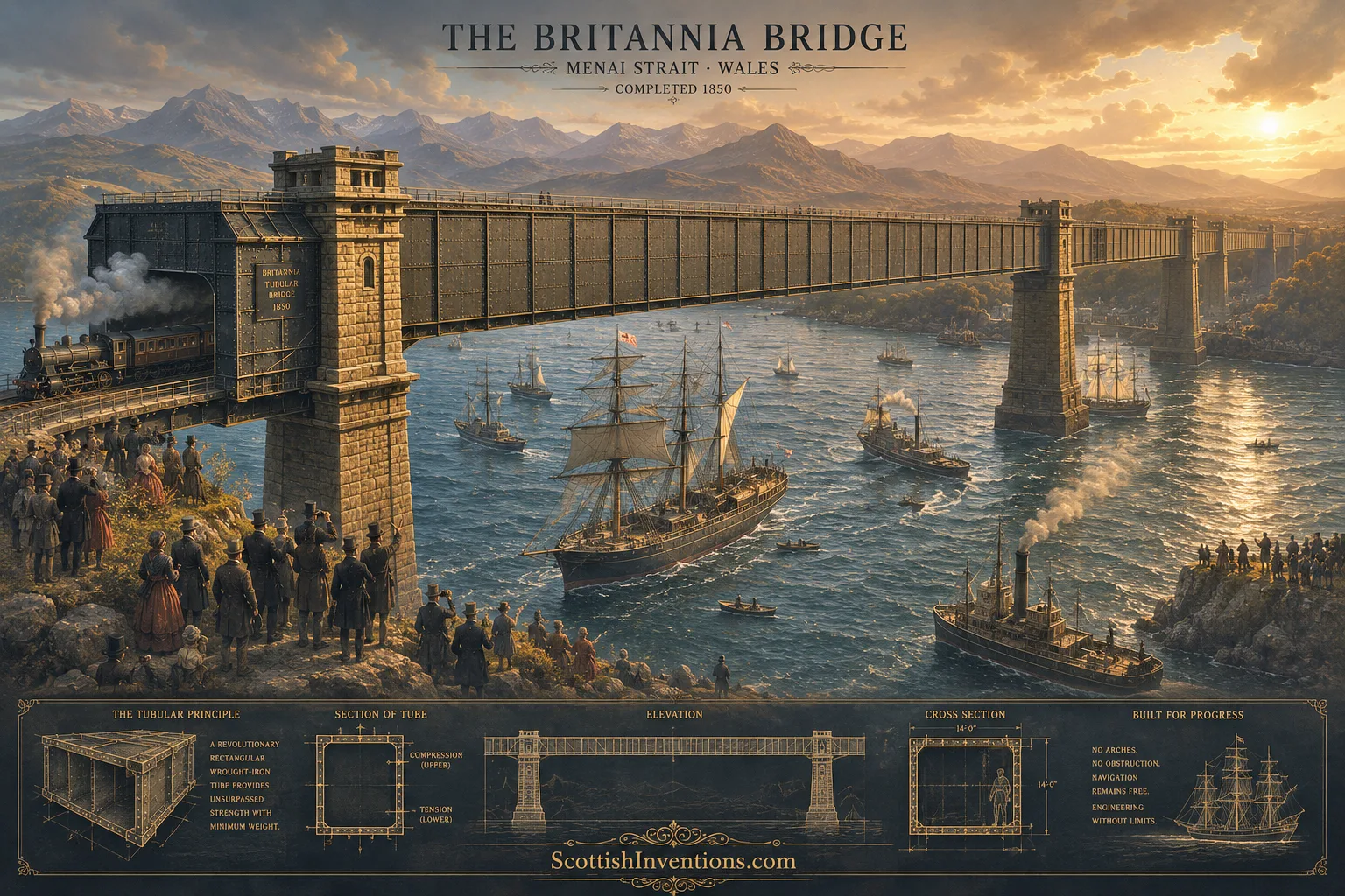 The Britannia Bridge (1850) — Sir William Fairbairn's wrought-iron box girder The original Britannia Bridge crossing the Menai Strait in 1850 using Sir William Fairbairn's revolutionary wrought-iron box girder design.
