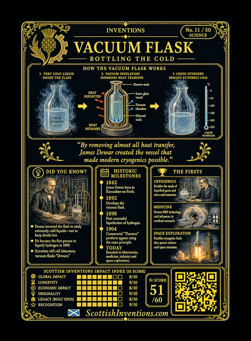 The Vacuum Flask / The Vacuum Flask Back back — Scottish Inventions Collection The Vacuum Flask card reverse — diagram explaining how the vacuum, silvered walls and narrow neck minimise heat transfer, timeline from Dewar's invention to the Thermos, showing how the Dewar flask became essential to cryogenics, medical imaging and scientific research