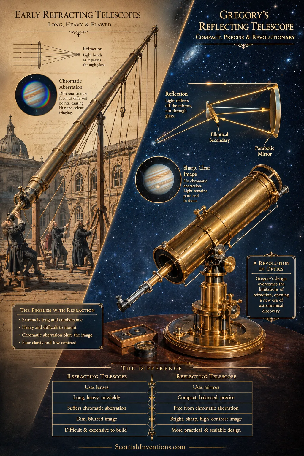 Comparison showing how James Gregory's reflecting telescope solved the problems of early refracting telescopes