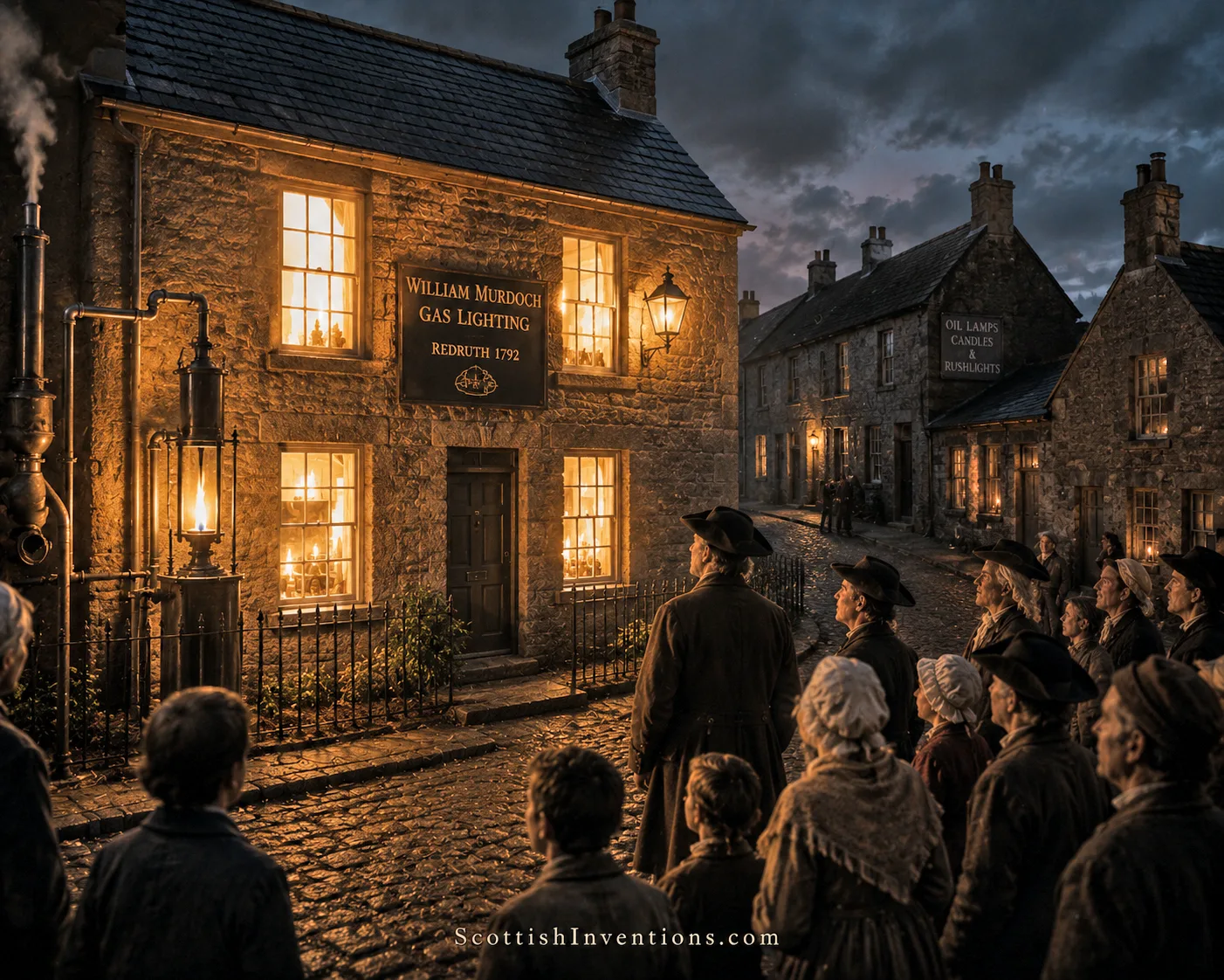 William Murdoch's house in Redruth illuminated by coal gas in 1792