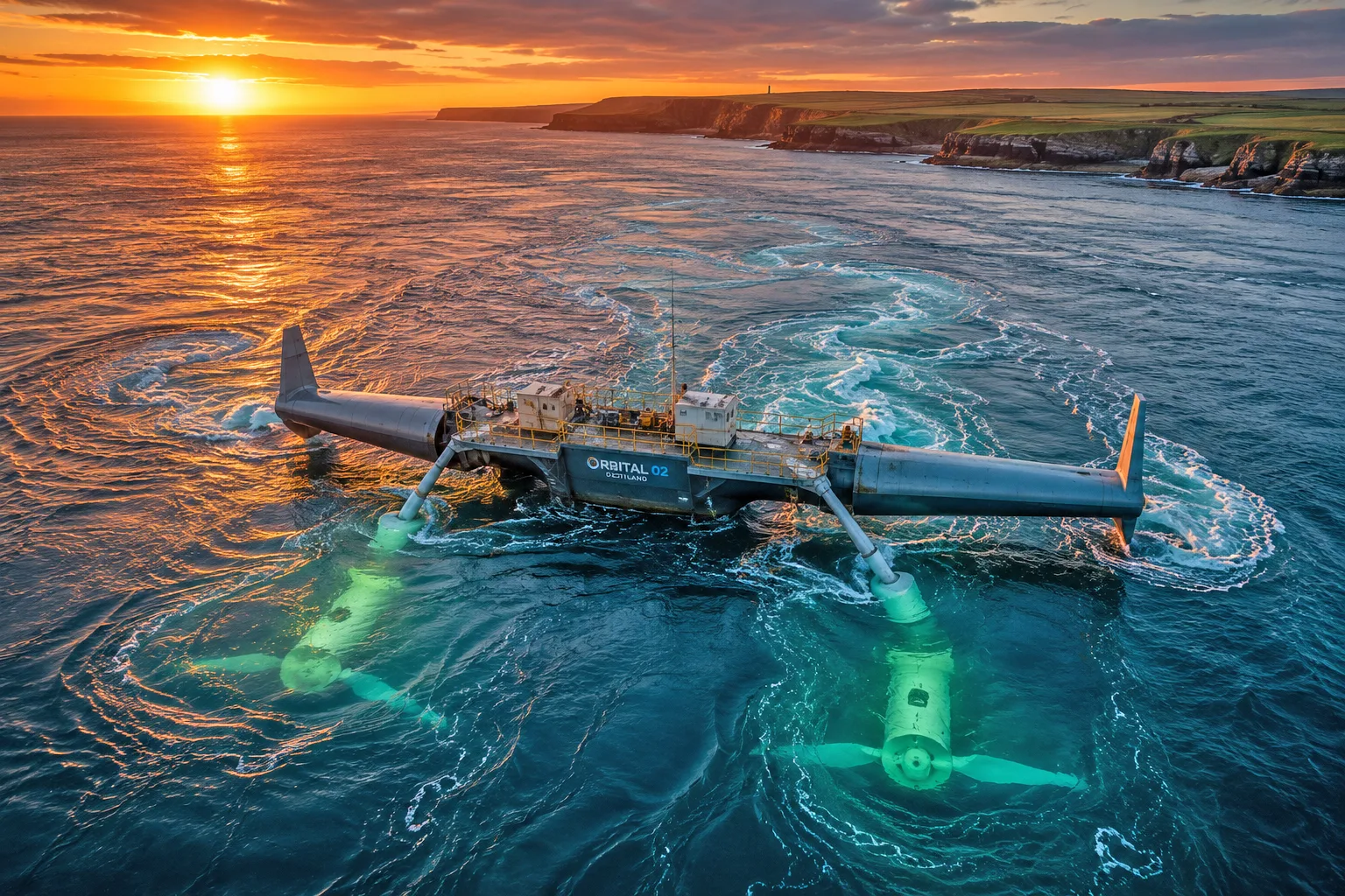 The Orbital O2 floating tidal turbine at sunset at the Fall of Warness, EMEC, Orkney — twin submerged rotors visible beneath the 74-metre yellow hull