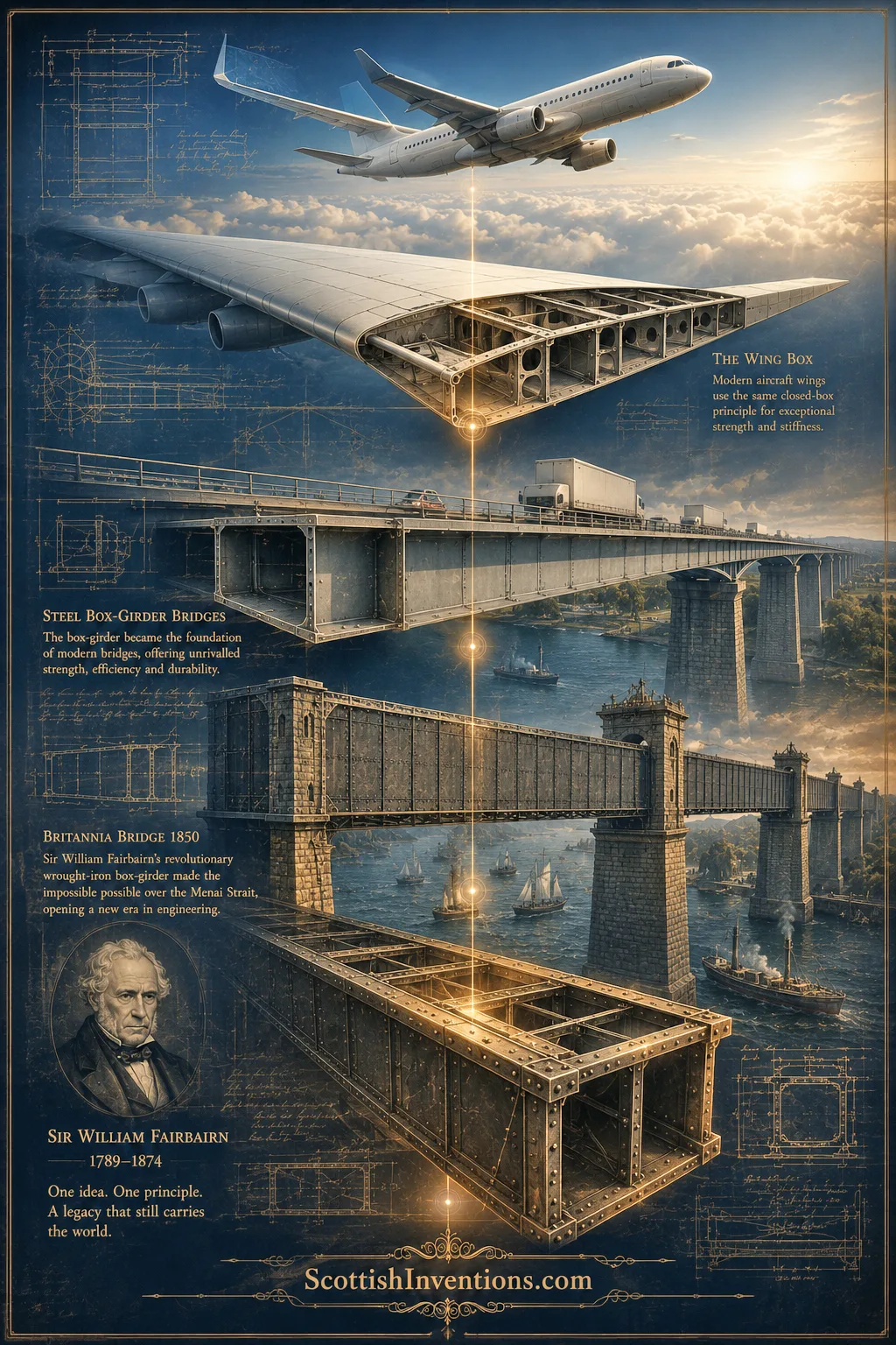 From Fairbairn's box girder to modern bridges and aircraft wings Evolution of the box girder from Fairbairn's Britannia Bridge to modern aircraft wing structures and steel bridges.