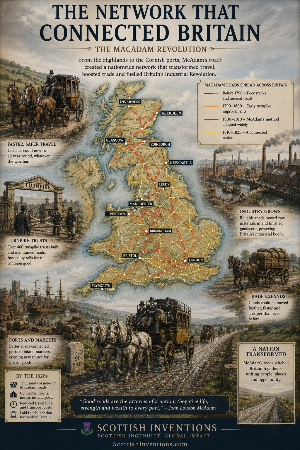 Expansion of Macadam roads across Britain during the Industrial Revolution