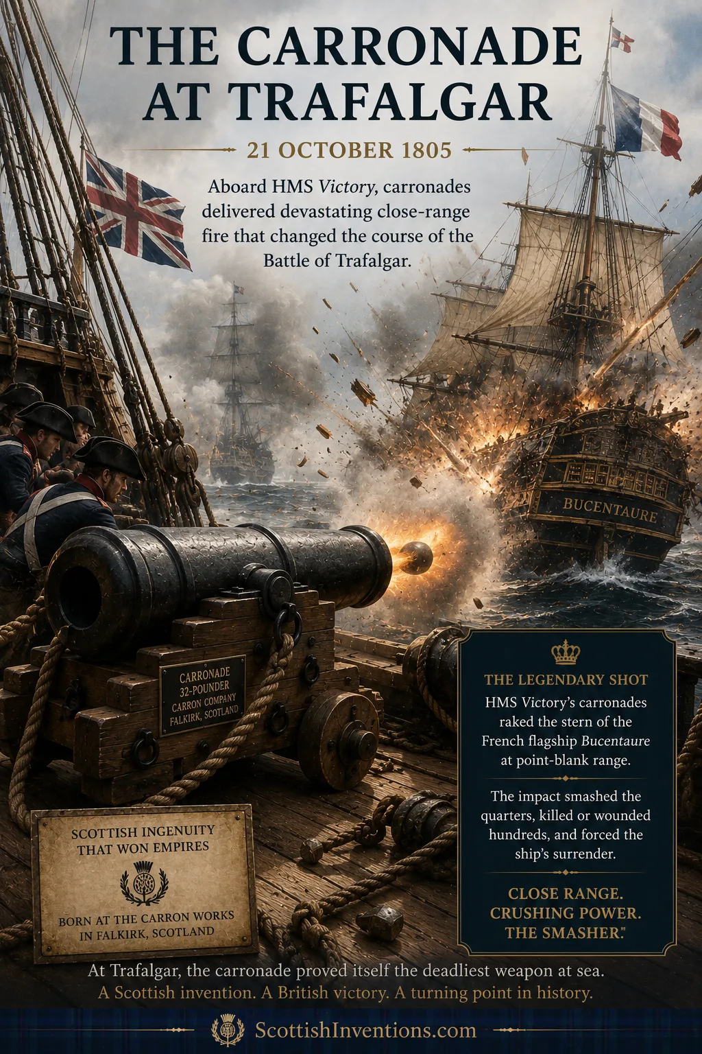 Carronade cannon firing during the Battle of Trafalgar aboard HMS Victory.