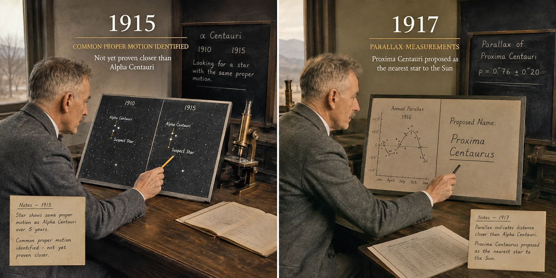 Two stages of Robert Innes's Proxima Centauri work: the 1915 identification of a star with matching proper motion, and the 1917 claim, based on parallax, that it was the nearest star to the Sun.