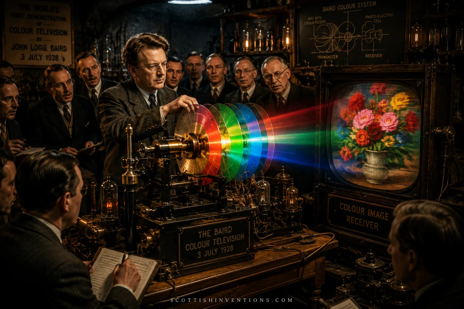 John Logie Baird demonstrating the world's first colour television to a gathered audience of journalists at his Long Acre laboratory on 3 July 1928, with a vivid bouquet of flowers shown on the colour image receiver