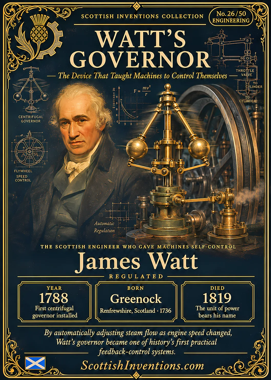 Watt's Governor / Watt's Governor Back — Scottish Inventions Collection Watt's Governor collectible card featuring James Watt and the centrifugal governor that automatically regulated steam engine speed, one of history's first practical feedback-control systems, Scottish Inventions Collection No. 26 of 50