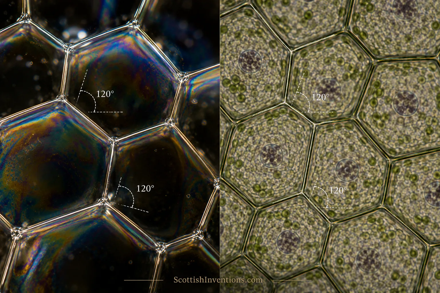 Illustration comparing the geometry of soap-film bubbles and living cell tissue, the physical parallel central to D'Arcy Thompson's On Growth and Form.