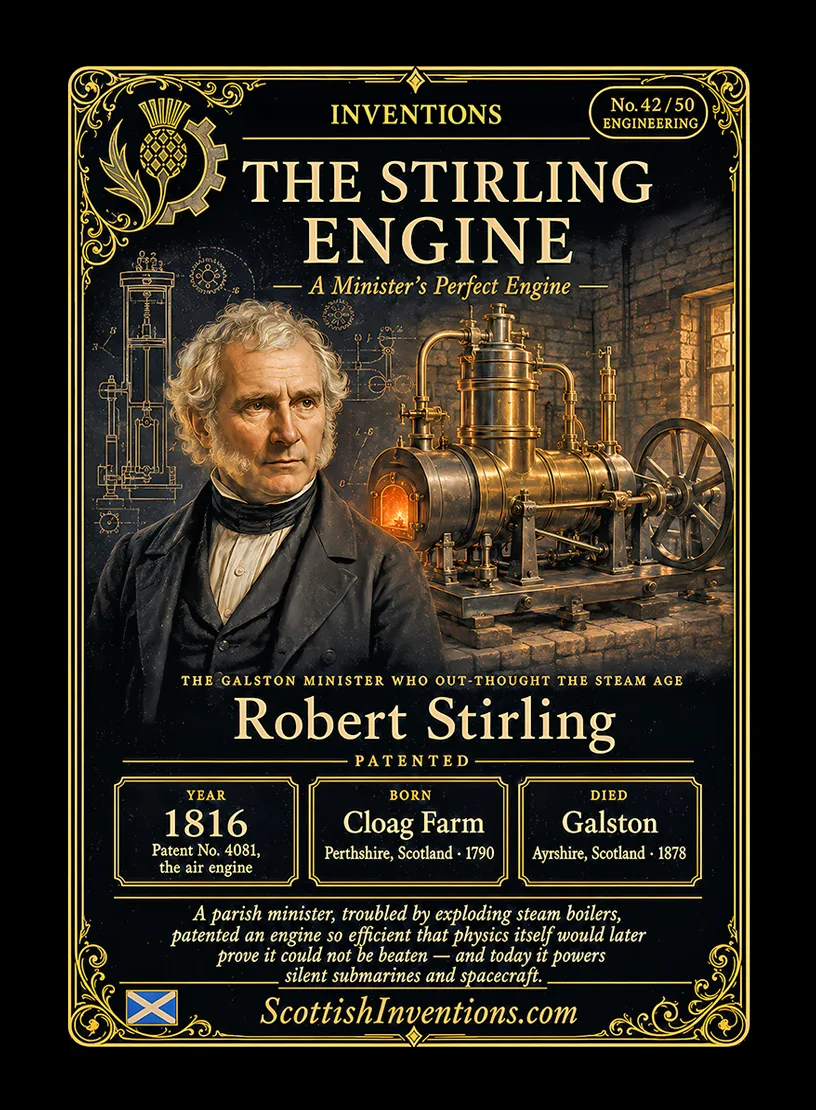 The Stirling Engine — Scottish Inventions Collection The Stirling Engine collectible card — Robert Stirling, born Cloag Farm Perthshire Scotland 1790, died Galston Ayrshire Scotland 1878, patented the closed-cycle air engine in 1816, a design as efficient as the laws of physics allow, Scottish Inventions Collection No. 42 of 50