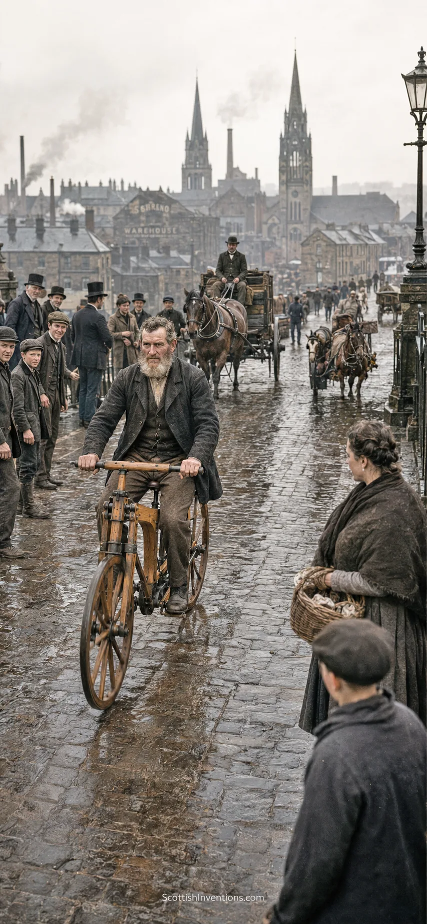 Traditional depiction of Kirkpatrick Macmillan riding pedal bicycle through Victorian Glasgow