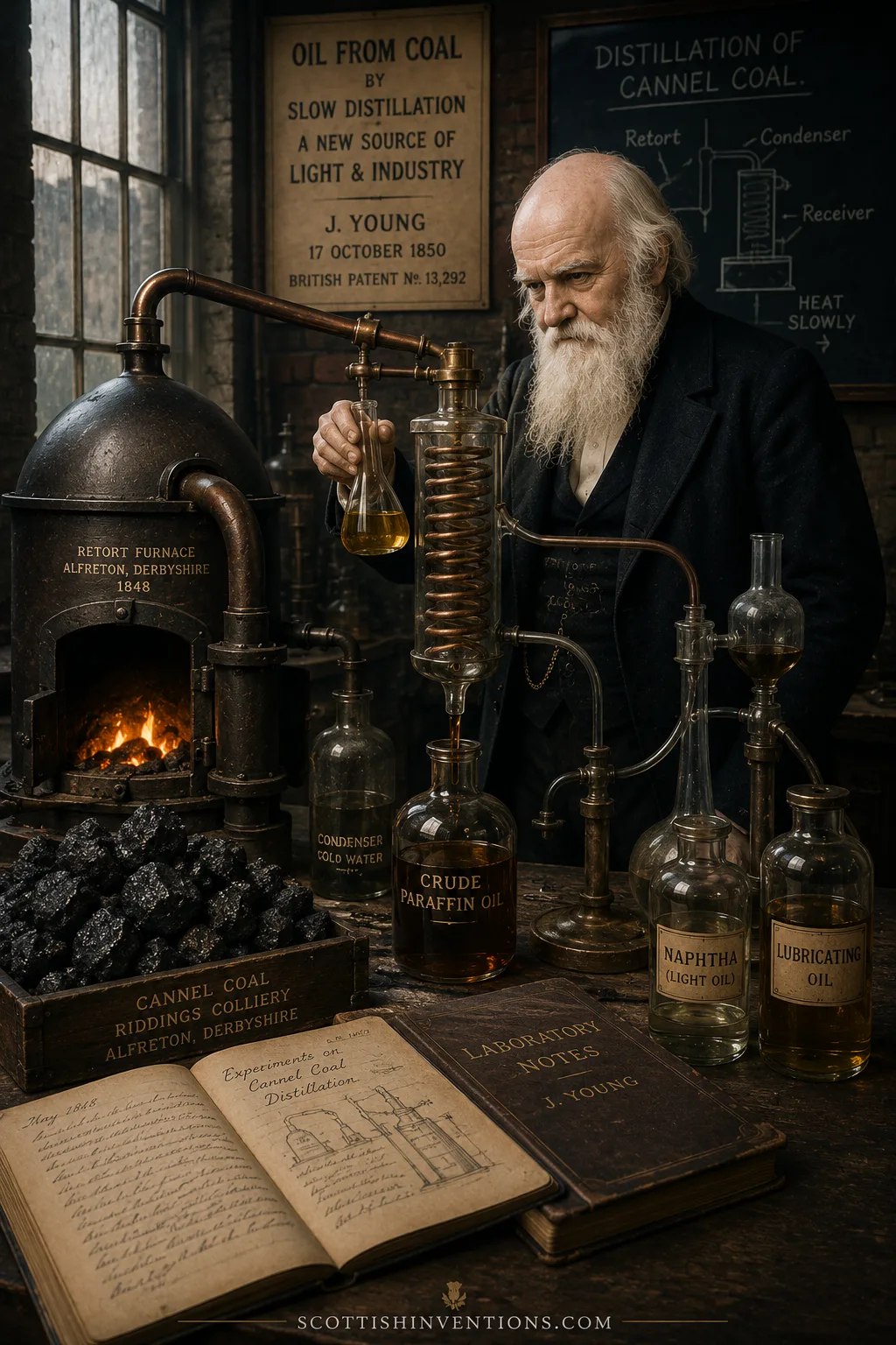 James Young producing oil from cannel coal through distillation experiments