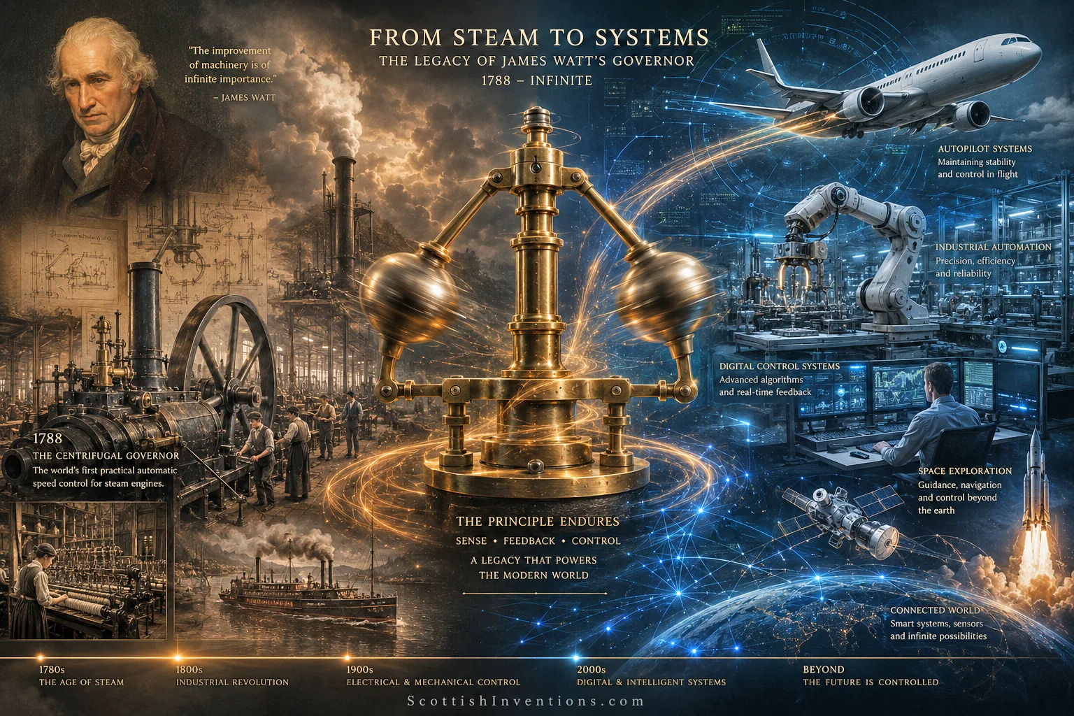 The legacy of James Watt's centrifugal governor from steam engines to aircraft, robotics, digital automation and space technology