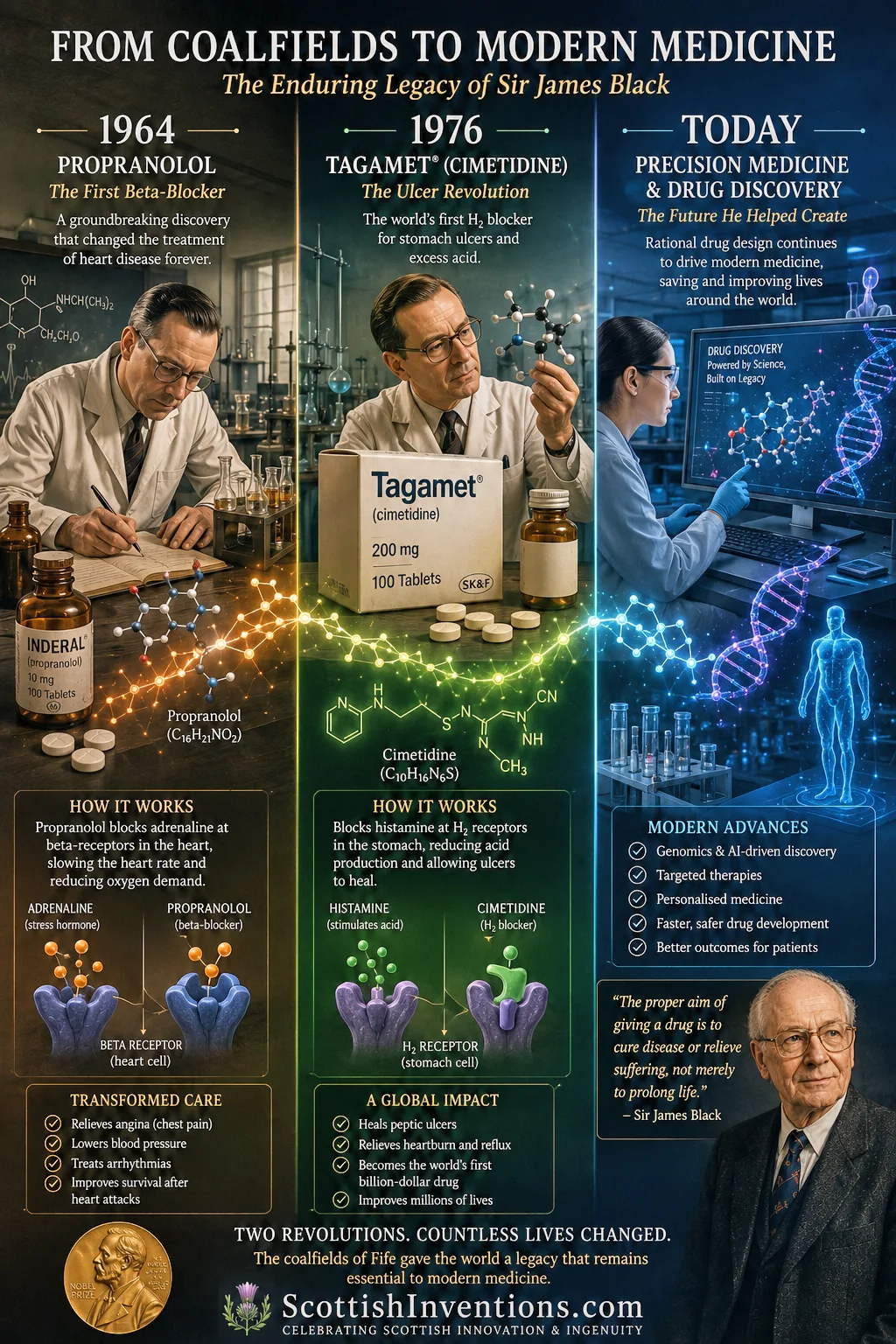 Timeline showing Sir James Black's inventions from propranolol and cimetidine to their lasting influence on modern pharmaceutical research.