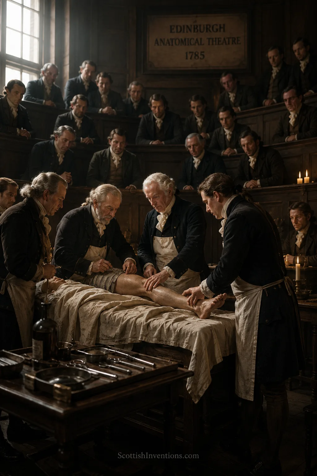 Scottish surgeons performing a procedure in the Edinburgh Anatomical Theatre in 1785, before anaesthesia or antiseptic surgery.