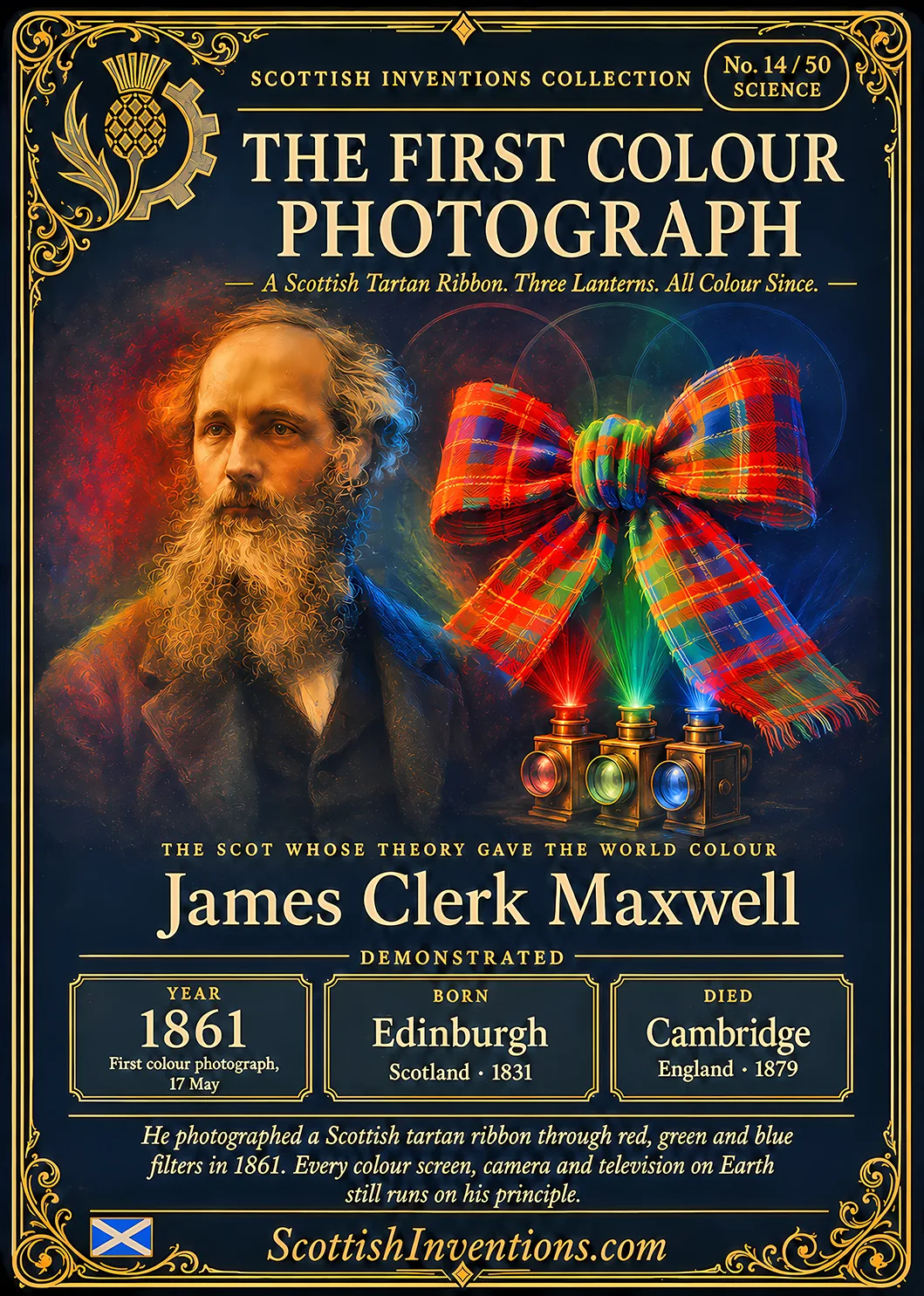 The First Colour Photograph / The First Colour Photograph Back — Scottish Inventions Collection The First Colour Photograph collectible card — James Clerk Maxwell, born Edinburgh Scotland 1831, died Cambridge England 1879, demonstrated the world's first durable colour photograph at the Royal Institution London on 17 May 1861 using three coloured filters and three magic lantern projectors with a Scottish tartan ribbon as the subject, Scottish Inventions Collection No. 14 of 50