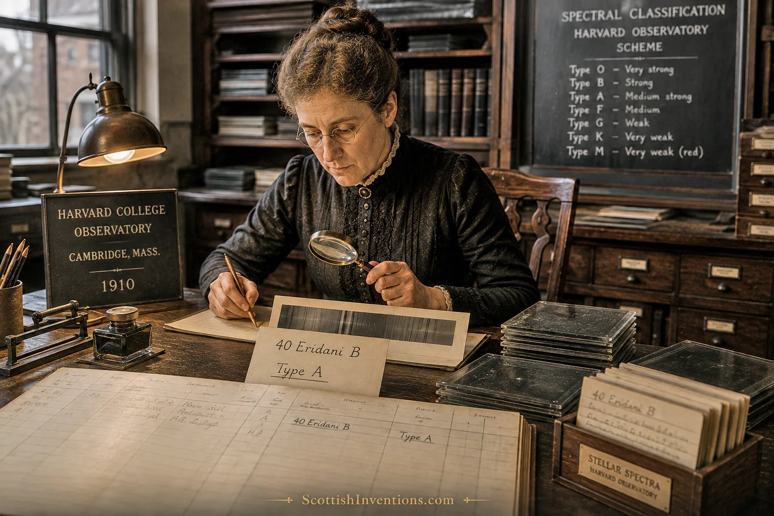Williamina Fleming cataloguing the spectral type of 40 Eridani B in 1910 — classified as type A, the observation that later led to the identification of the first white dwarf.