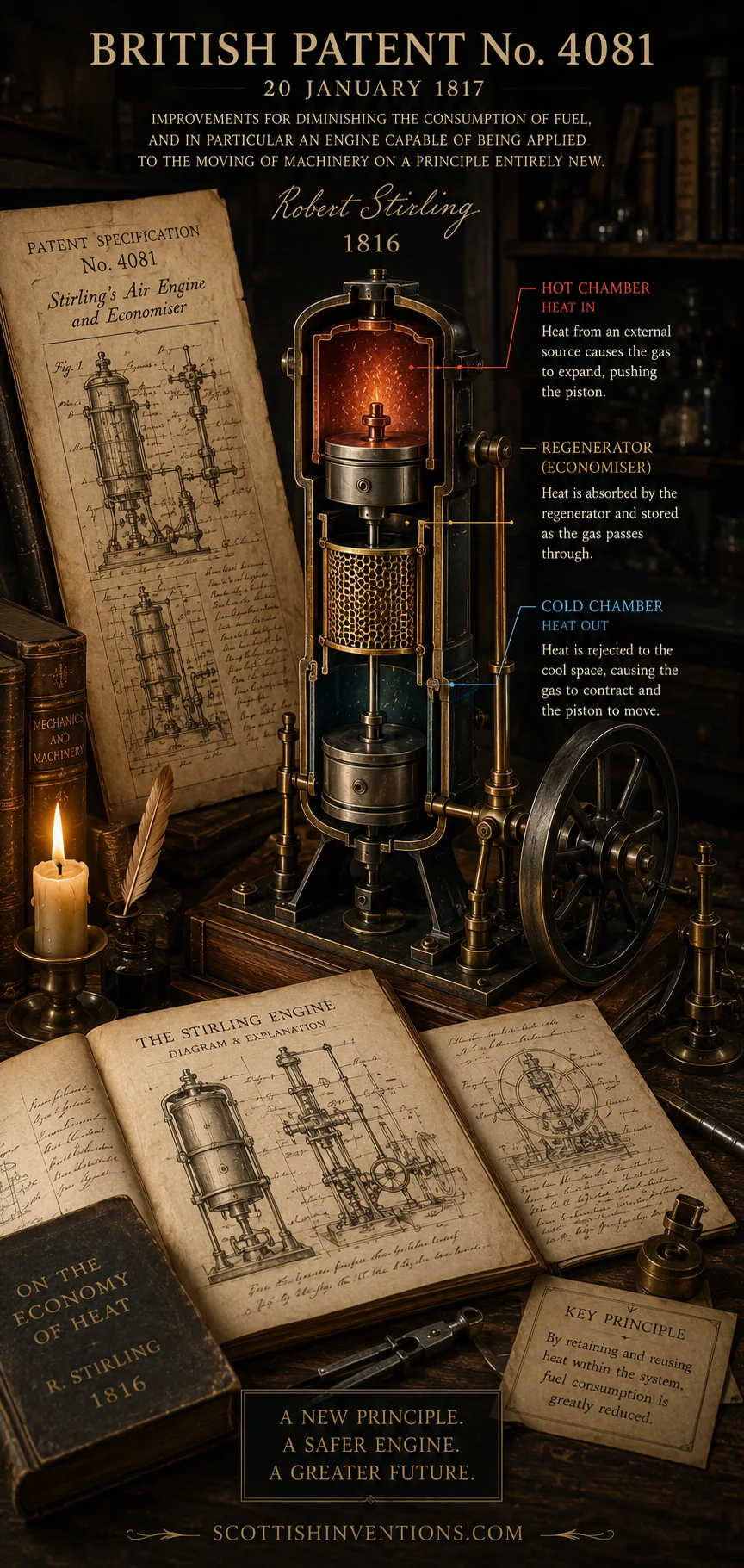 Illustrated diagram of British Patent No. 4081 of 1816 — Robert Stirling's air engine, showing the hot chamber, regenerator (economiser) and cold chamber