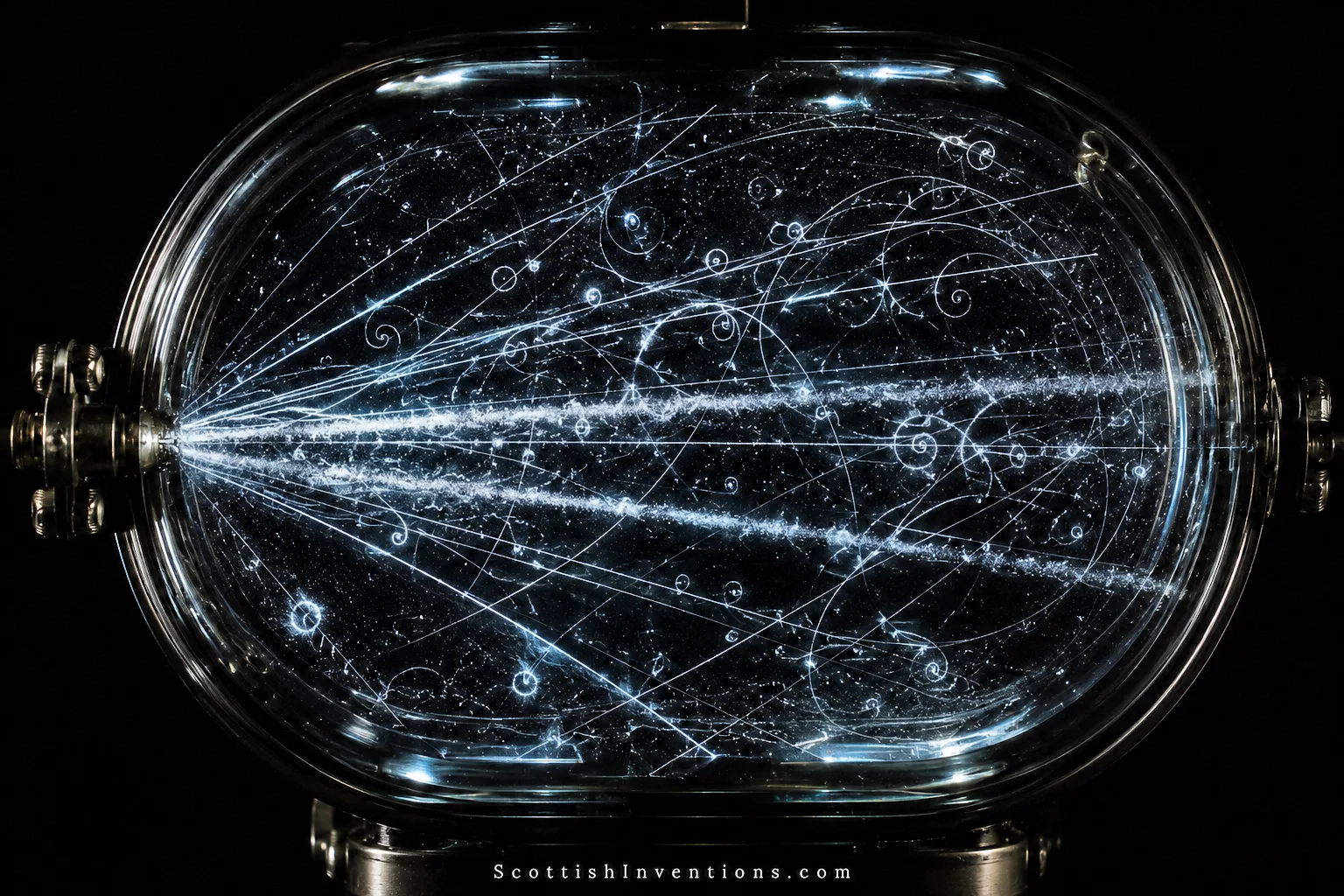 Particle tracks visible inside a cloud chamber
