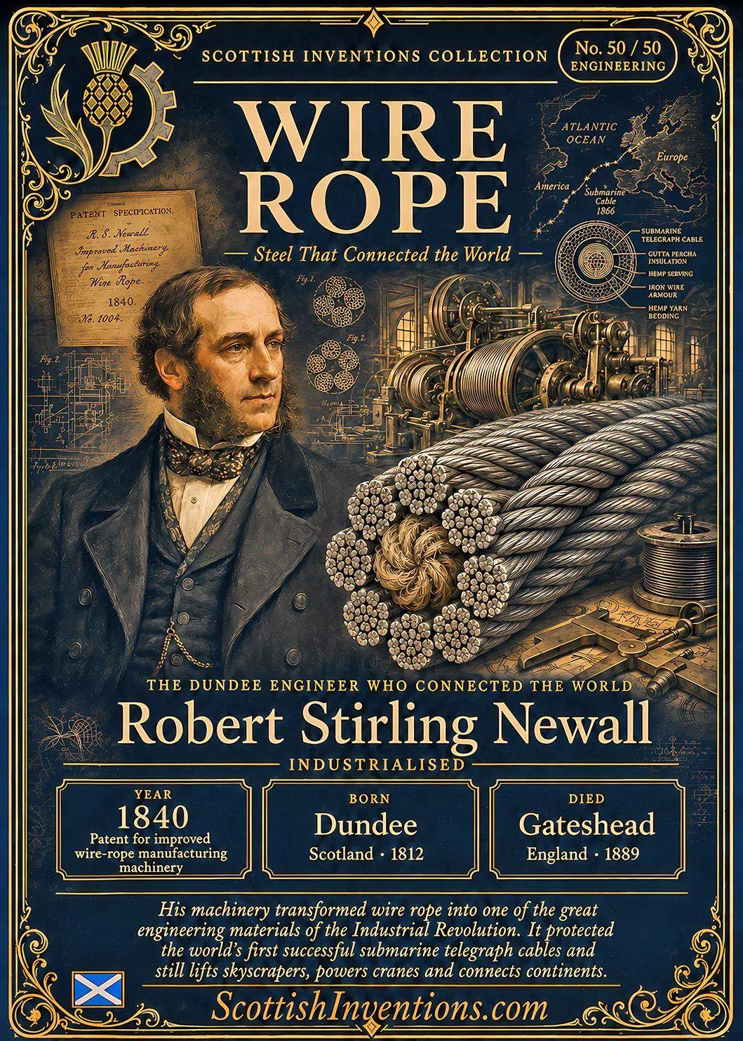 Wire Rope — Scottish Inventions Collection Wire Rope collectible card — Robert Stirling Newall, born Dundee Scotland 1812, died Gateshead England 1889, patented machinery for manufacturing wire rope on 17 August 1840, industrialised modern wire-rope production, Scottish Inventions Collection No. 50 of 50