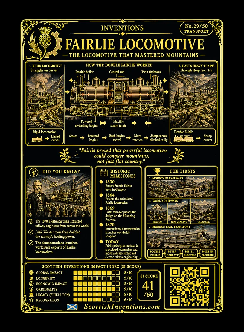Fairlie Locomotive / Fairlie Locomotive Back back — Scottish Inventions Collection Fairlie Locomotive card reverse — engineering diagram explaining Robert Fairlie's articulated steam locomotive with swivelling powered bogies, flexible steam joints and double-ended operation, timeline from the 1864 patent through the famous Little Wonder demonstrations on the Ffestiniog Railway, plus historical context explaining its worldwide influence.