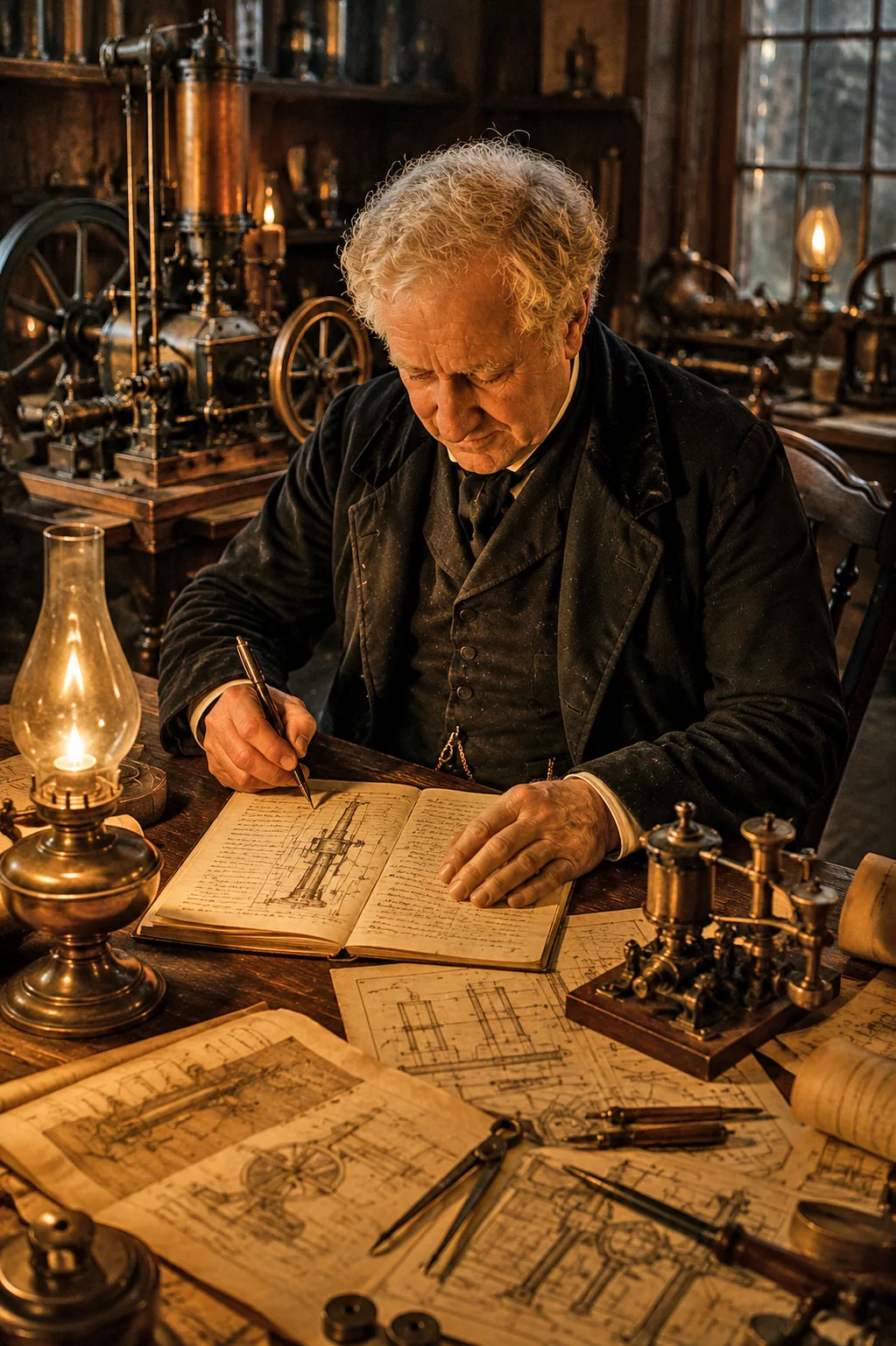 James Nasmyth sketching the original steam hammer design in his engineering notebook