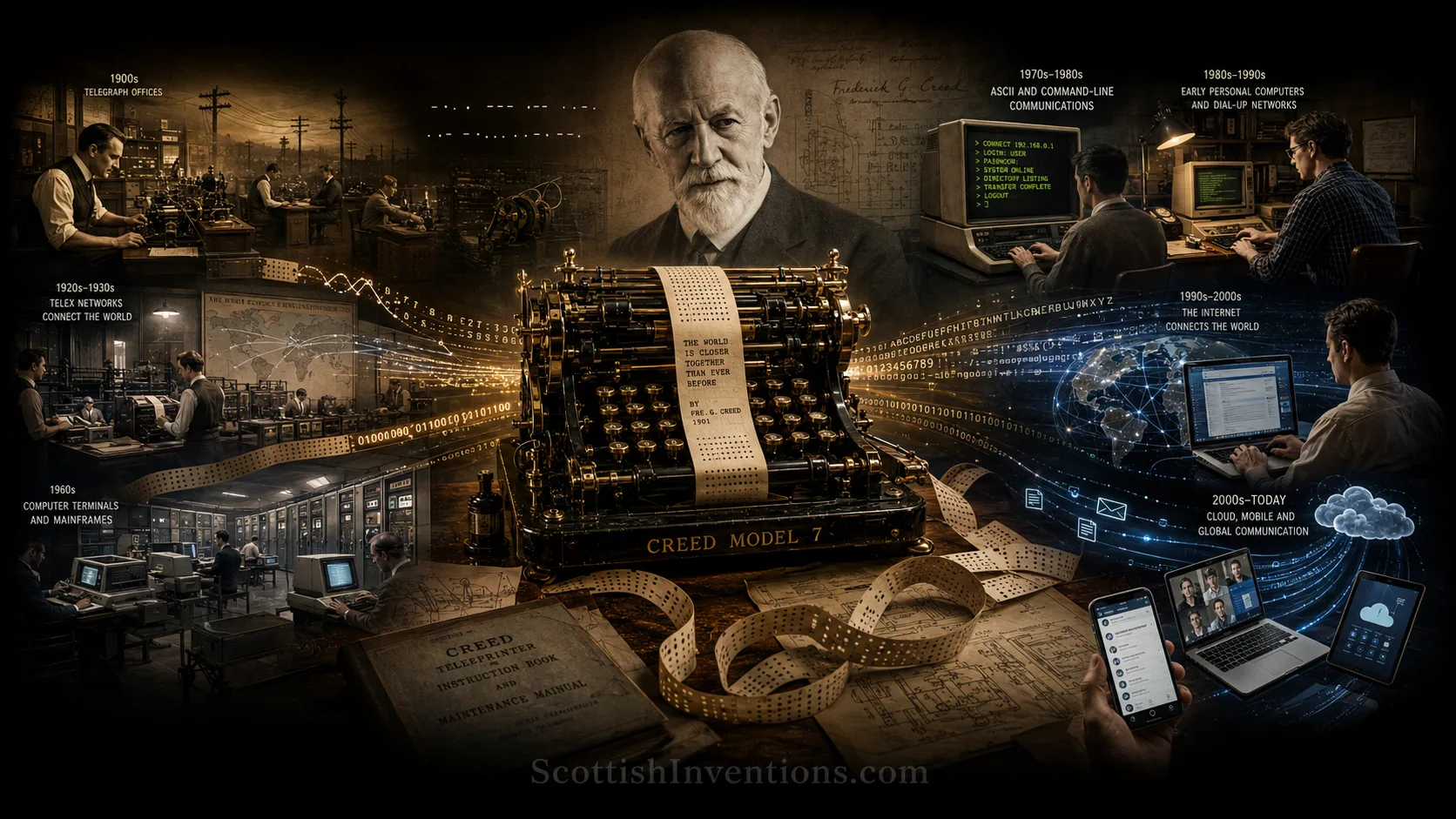 Timeline showing the evolution from Frederick Creed's teleprinter through telex, computer terminals and the modern internet.