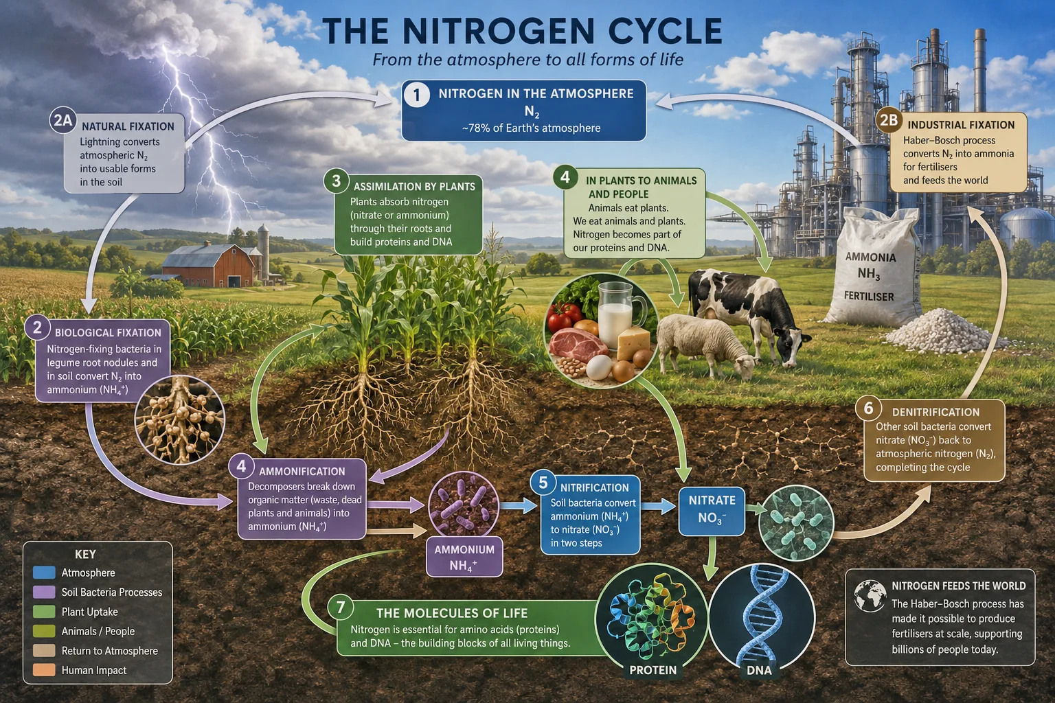 Illustrated nitrogen-cycle diagram showing atmospheric nitrogen fixation, plant uptake, the food chain and denitrification