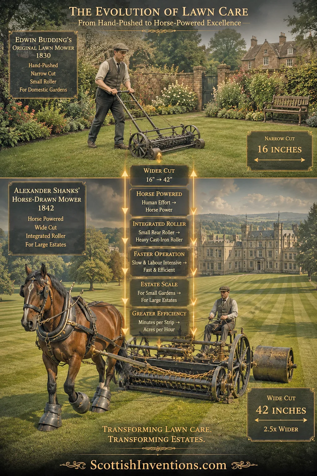 The Evolution of Lawn Care — Budding 1830 vs Shanks 1842 Comparison between Edwin Budding's 1830 lawnmower and Alexander Shanks' 1842 horse-drawn mowing machine