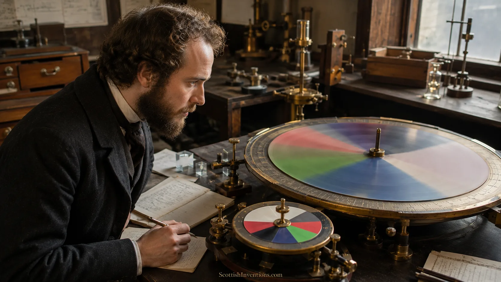 Young James Clerk Maxwell experimenting with a spinning colour top in Edinburgh, illustrating his early research into trichromatic colour vision.