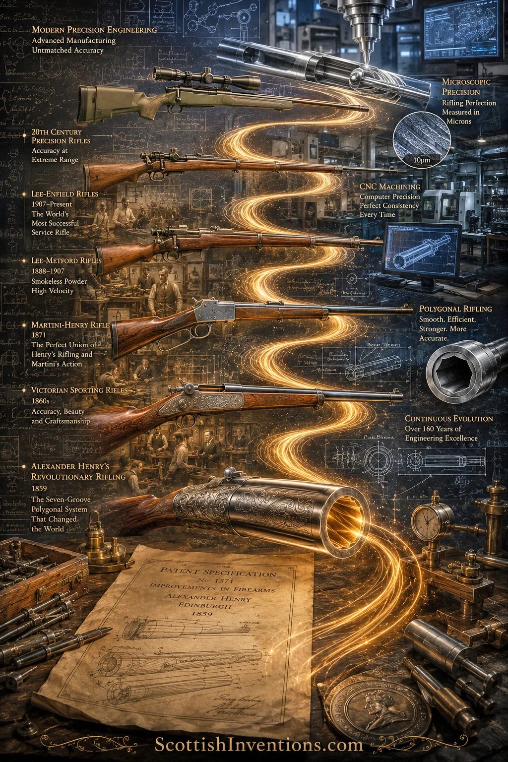 Evolution of Henry's rifling — from 1860 to modern polygonal precision Timeline showing the evolution of Alexander Henry's rifling from Victorian rifles to modern precision firearms