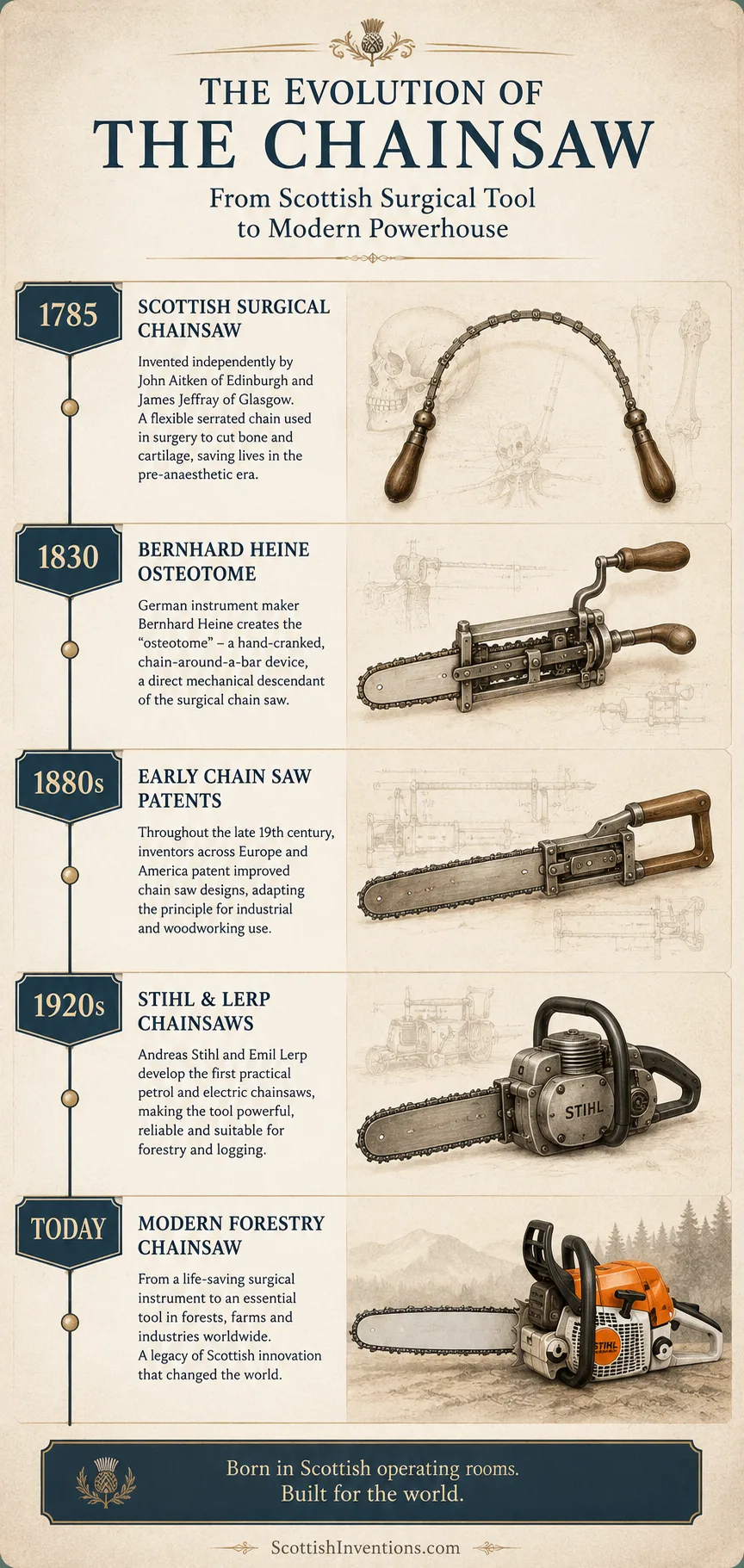 Timeline graphic showing the evolution of the chainsaw from the 1785 Scottish surgical chain saw to Bernhard Heine's 1830 osteotome, late-19th-century patents, Stihl and Lerp chainsaws of the 1920s and the modern forestry chainsaw.