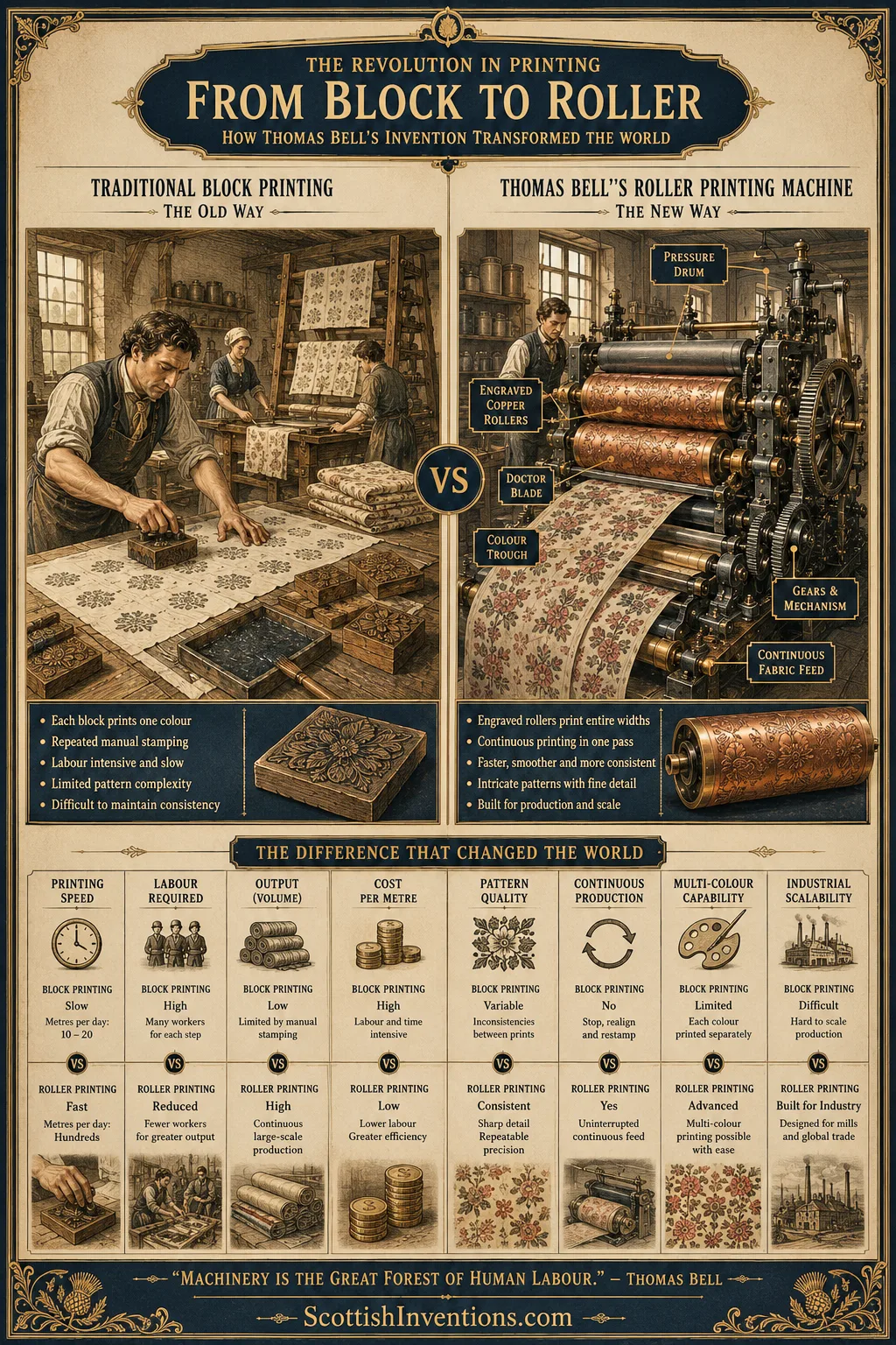 Block Printing vs Roller Printing Comparison showing traditional block printing beside Thomas Bell's revolutionary roller printing machine.