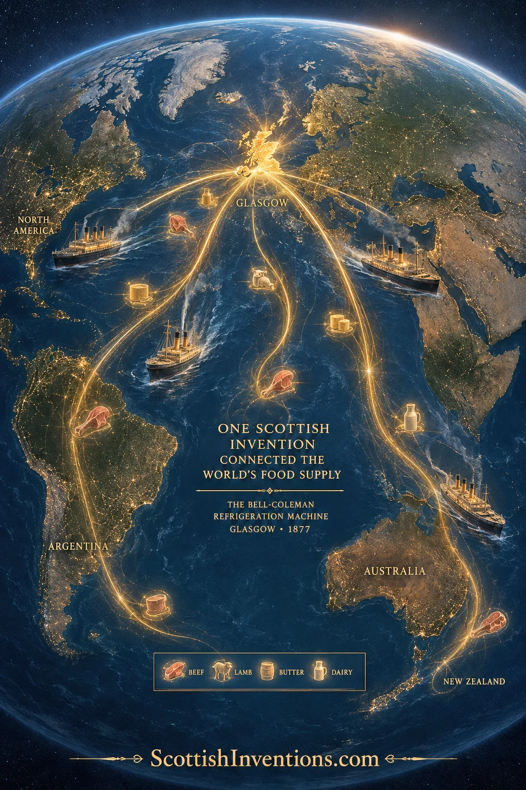 One Scottish Invention Connected the World's Food Supply Global map illustrating how Joseph James Coleman's refrigeration machine connected Scotland with worldwide refrigerated food trade routes.