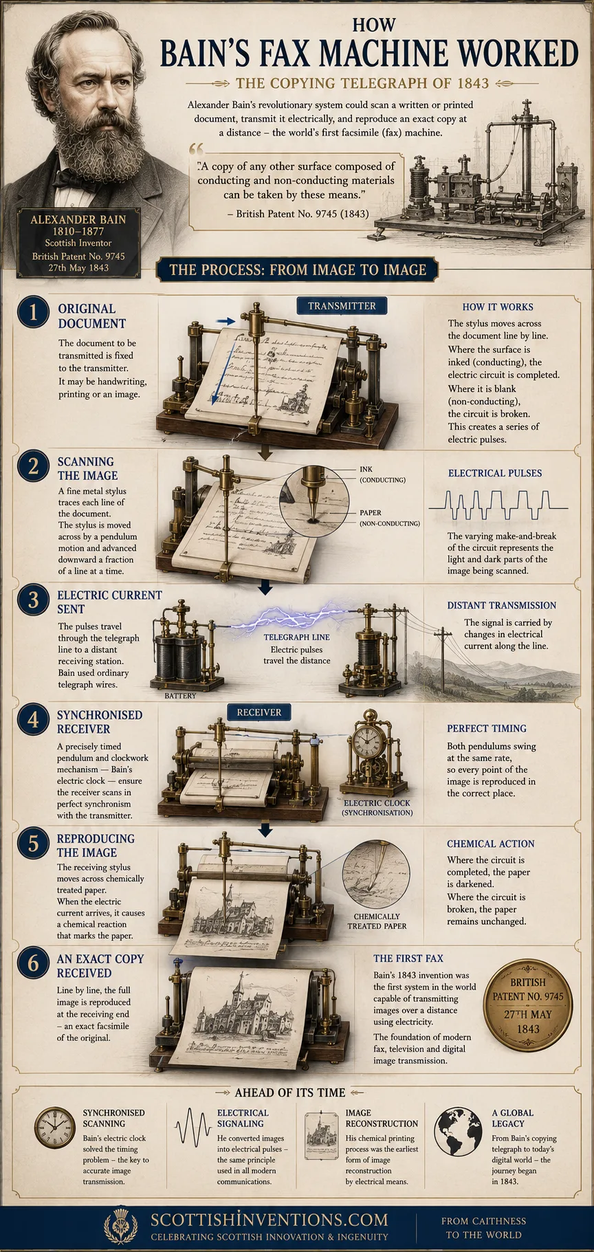 Infographic explaining the operation of Alexander Bain's 1843 copying telegraph and early fax machine
