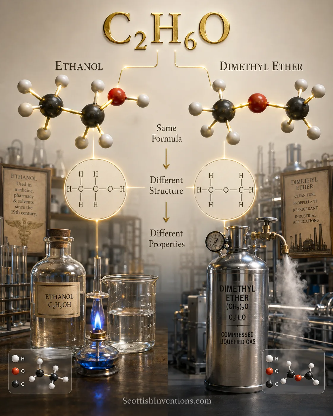 Ball-and-stick models comparing ethanol and dimethyl ether, both C2H6O but with different structures and different properties.