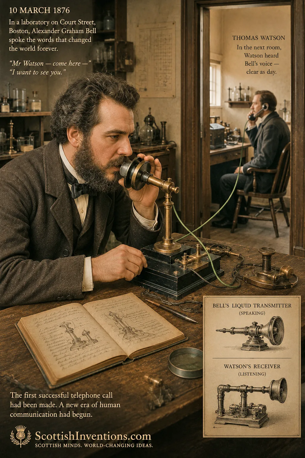 Alexander Graham Bell making the first telephone call to Thomas Watson in Boston on 10 March 1876 using the liquid transmitter