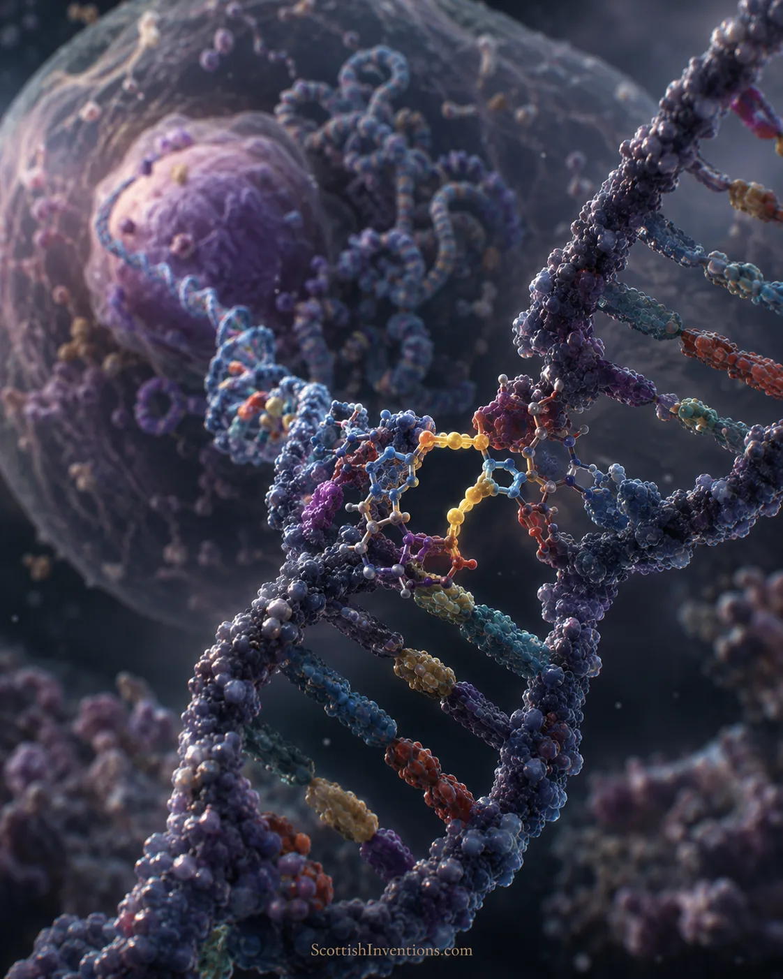 Scientific visualisation of chemical mutagenesis: alkylation and crosslink damage to the DNA double helix.