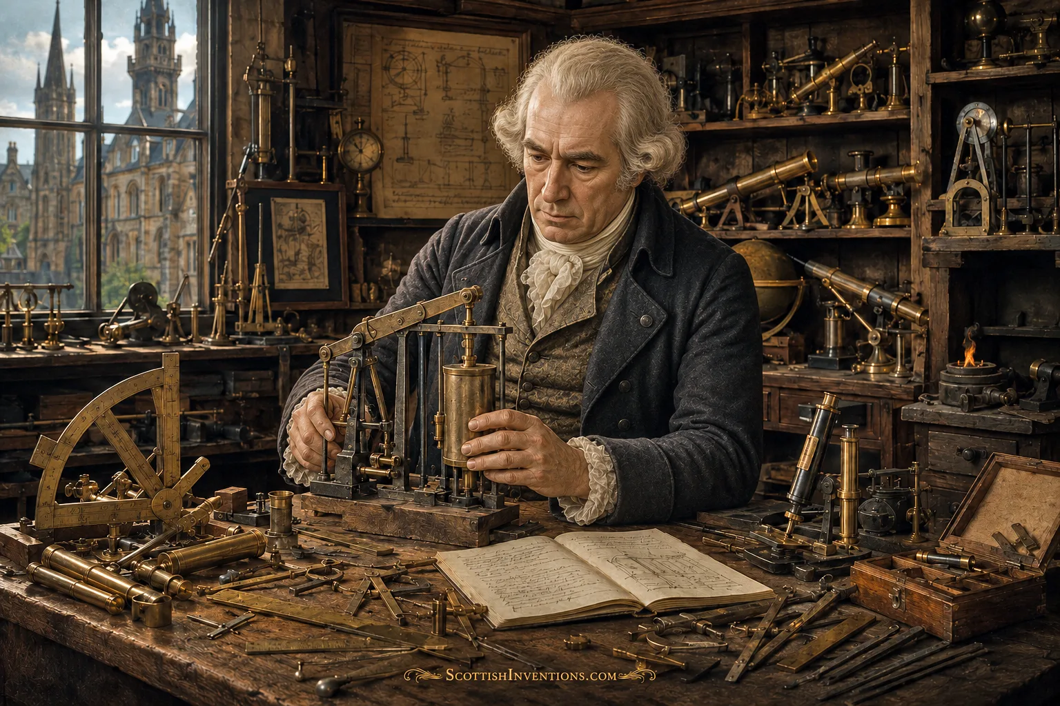 The University of Glasgow Workshop James Watt studying the Newcomen engine in his University of Glasgow workshop