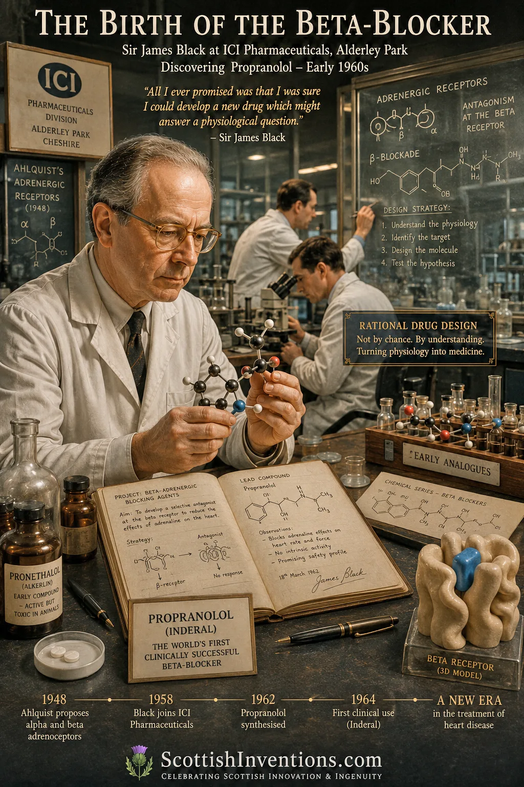 Sir James Black developing propranolol at ICI Pharmaceuticals using the principles of rational drug design.