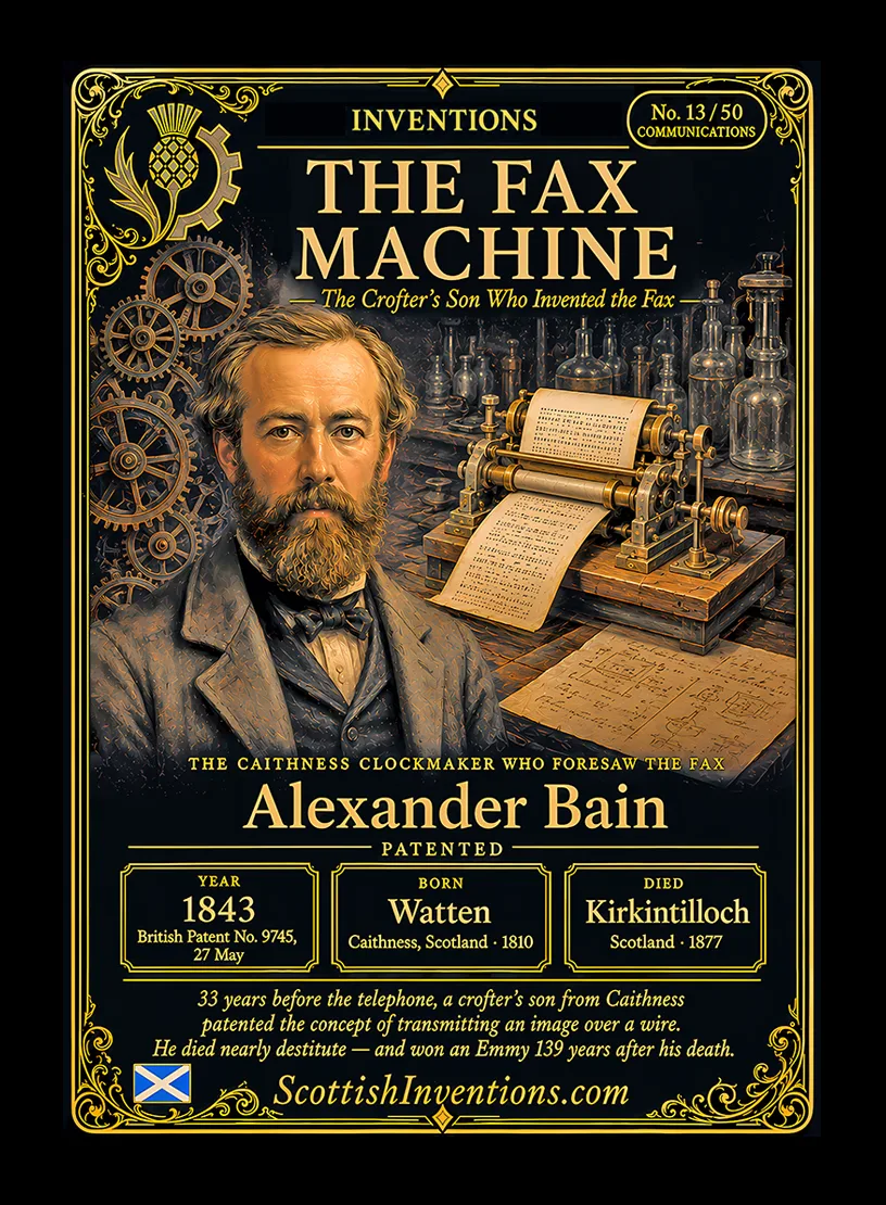 The Chemical Telegraph / The Chemical Telegraph Back — Scottish Inventions Collection The Chemical Telegraph collectible card — Alexander Bain of Watten, Caithness, patented the Chemical Telegraph in 1843, introducing the world's first image transmission system and the scanning principle that led to the fax machine, Scottish Inventions Collection No. 13 of 50